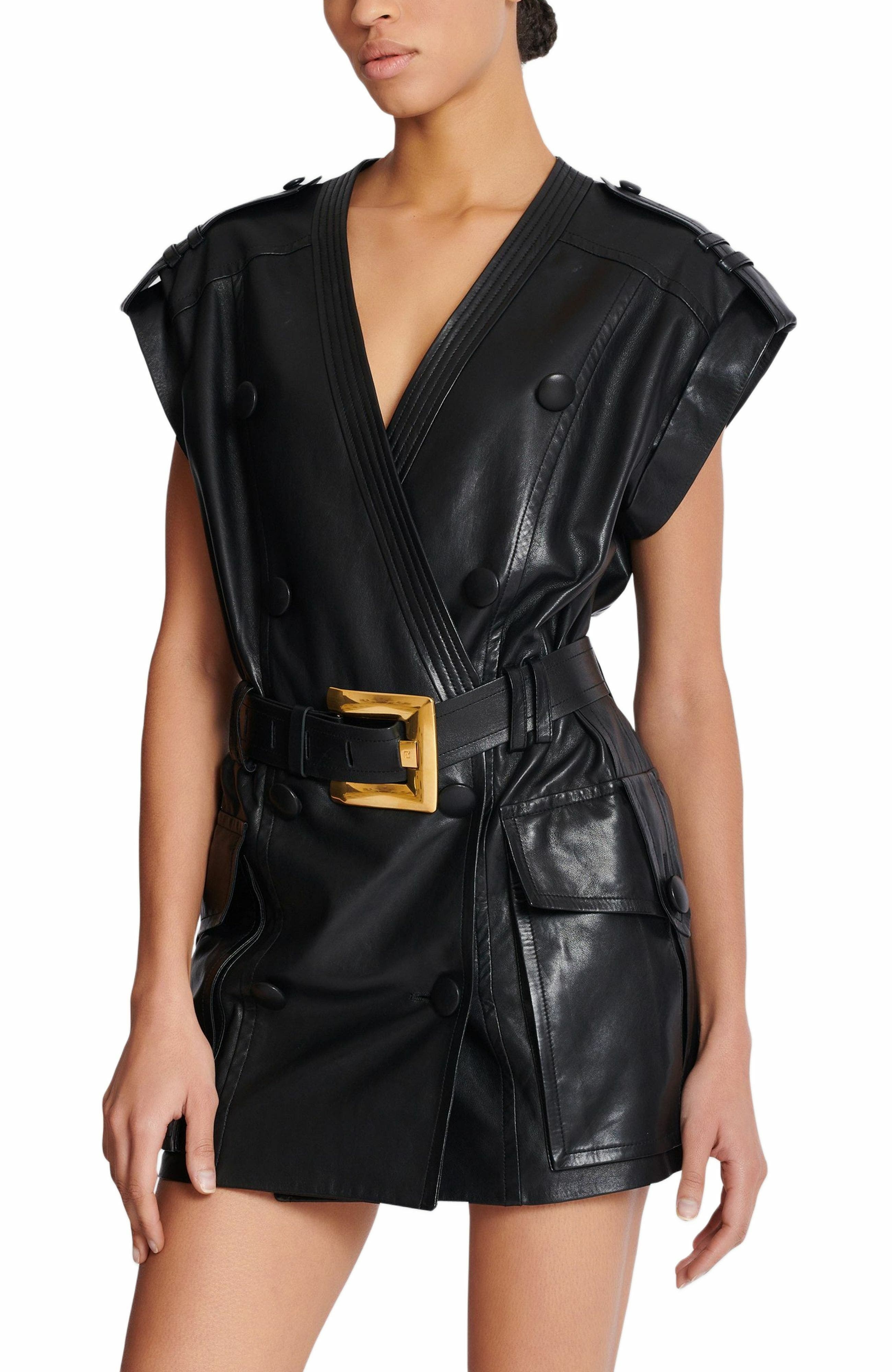 Balmain Lambskin leather short belted dress in Black at Nordstrom - 4