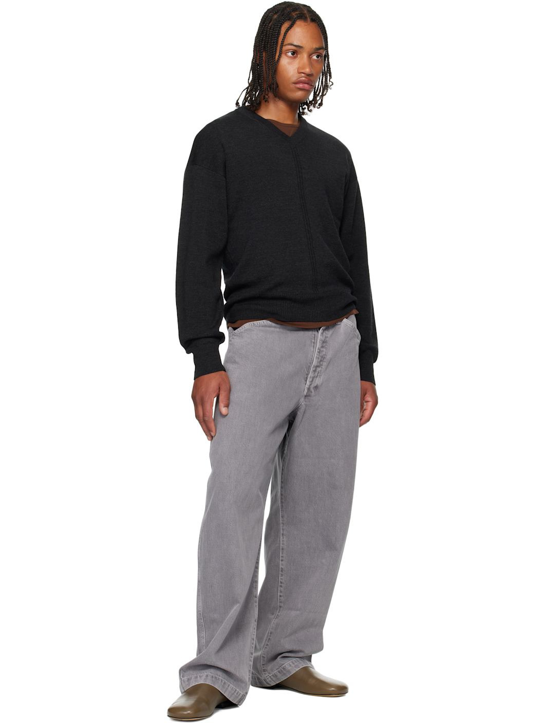 Gray V-Neck Sweater - 4