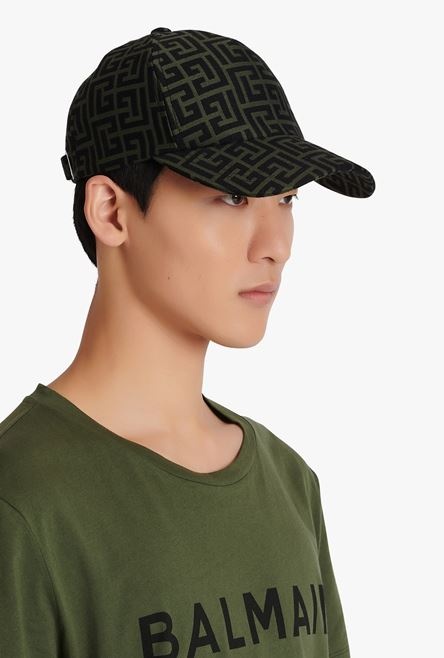 Khaki and black cotton cap with Balmain monogram 2