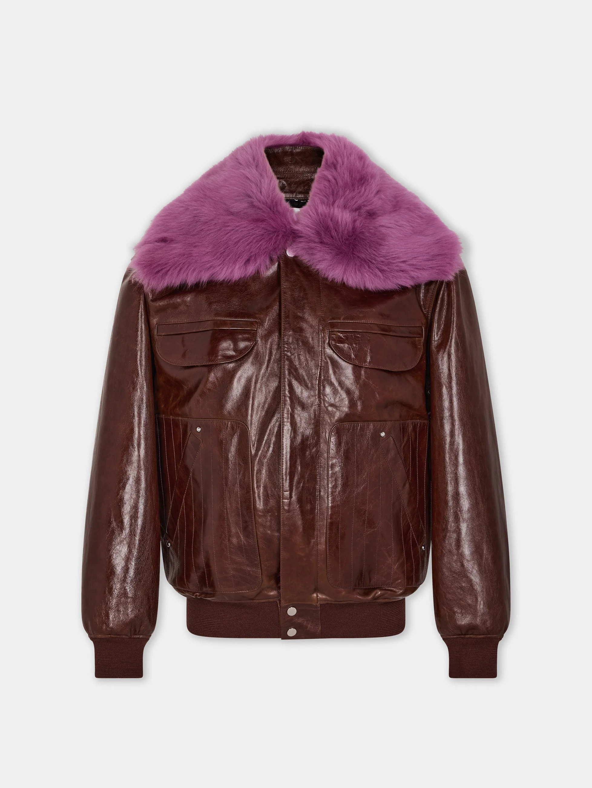 OVERSIZED BROWN CRACKLED LEATHER BOMBER JACKET WITH REMOVABLE SHEARLING COLLAR - 1