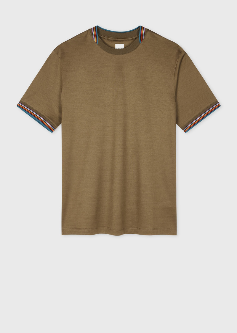 Dark Khaki Mercerised Cotton 'Signature Stripe' Trim T-Shirt - 1