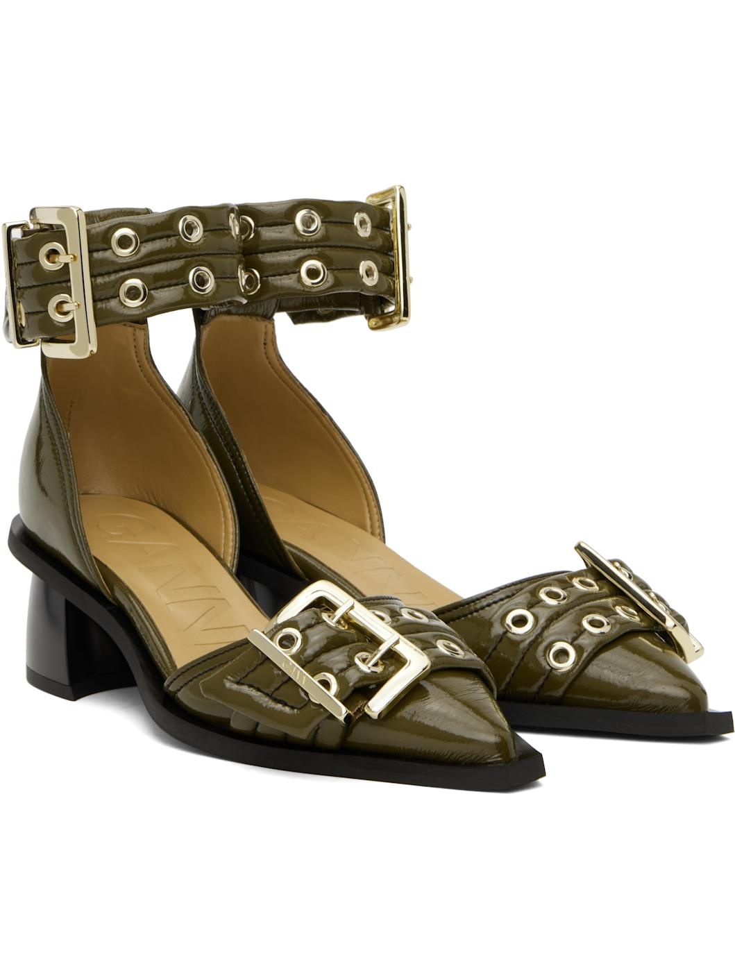 Khaki Feminine Buckle Open Cut Heels - 4