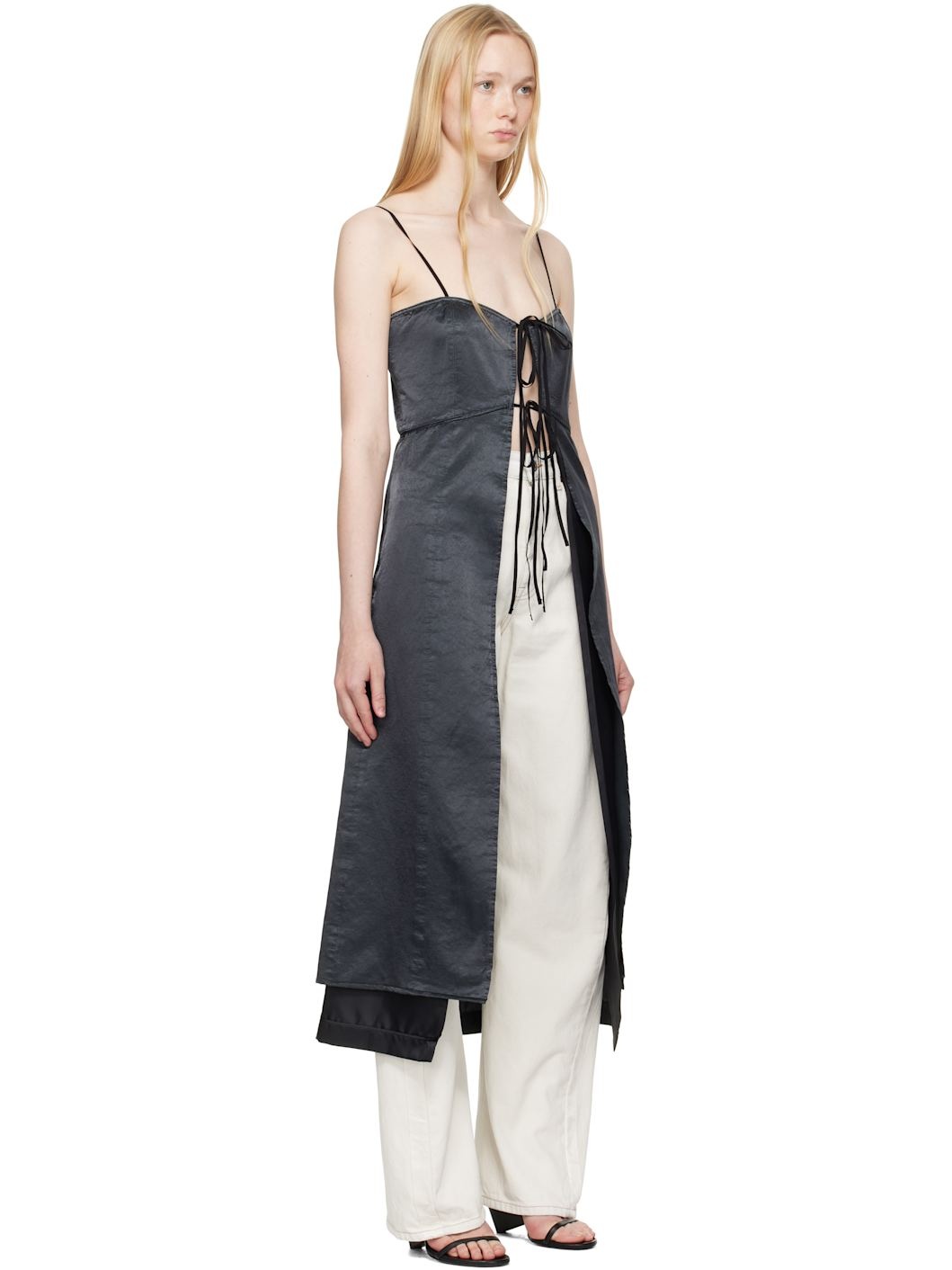 Black Washed Viscose Satin Dress Top - 2