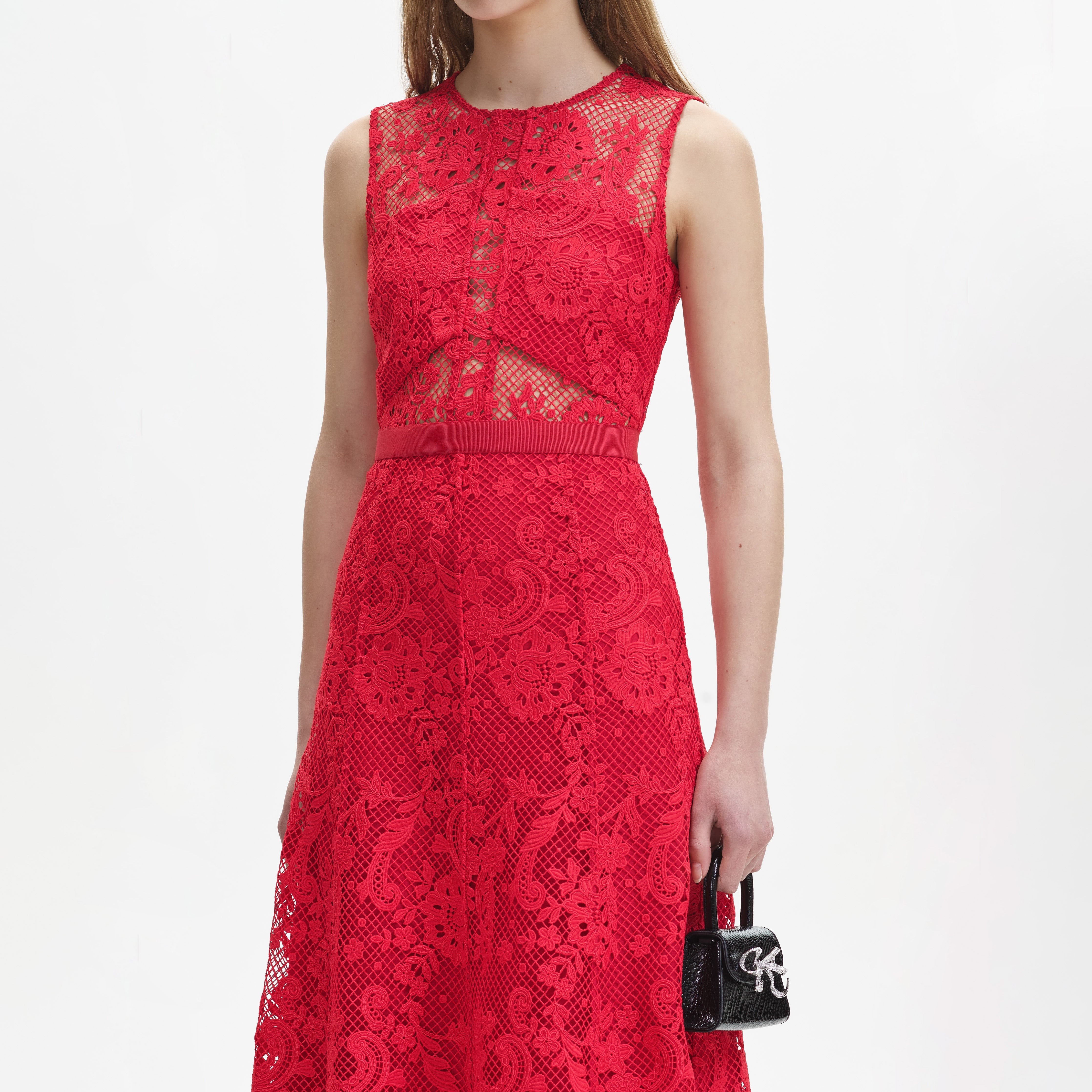 Red Lace Open Neck Midi Dress