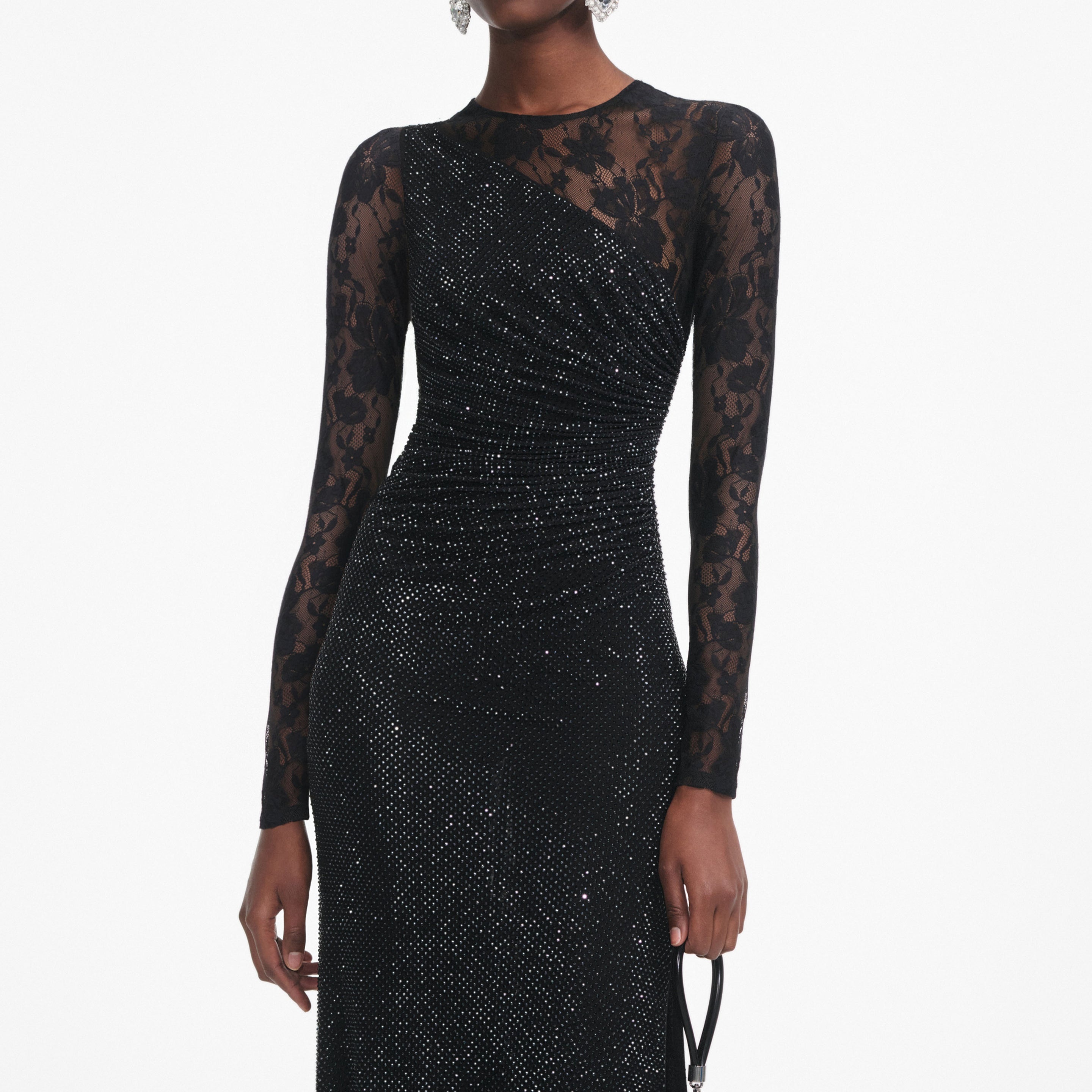 Black Rhinestone Lace Sleeves Maxi Dress - 4