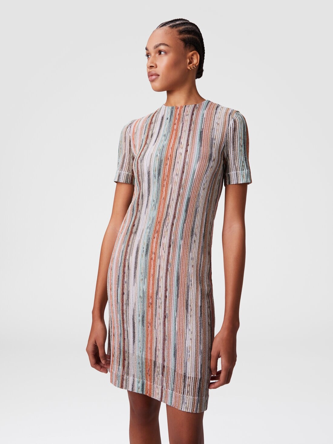 Short-sleeved mini-dress in striped lamé slub viscose - 4