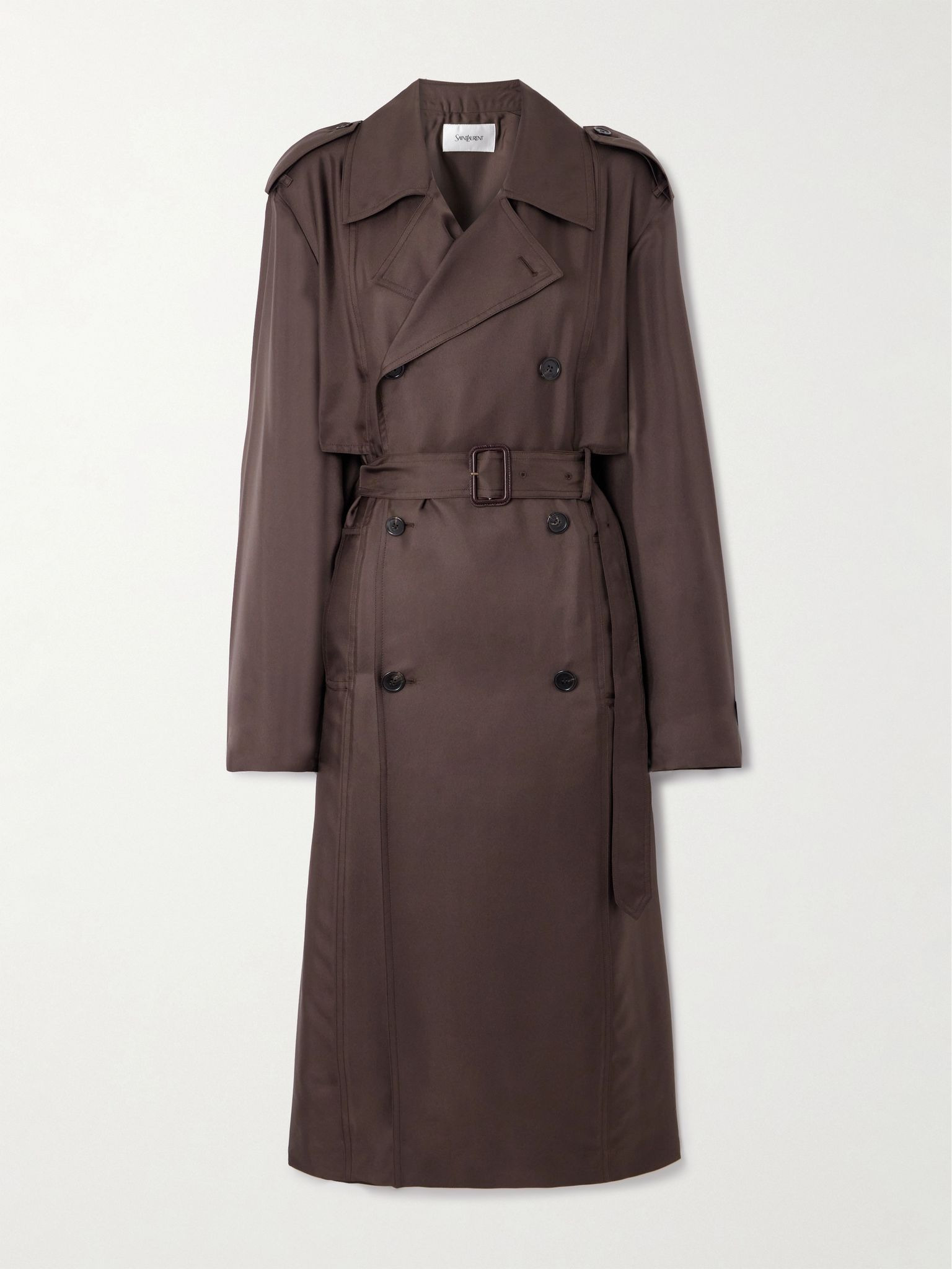 Double-breasted belted silk-twill trench coat Dark brown - 1