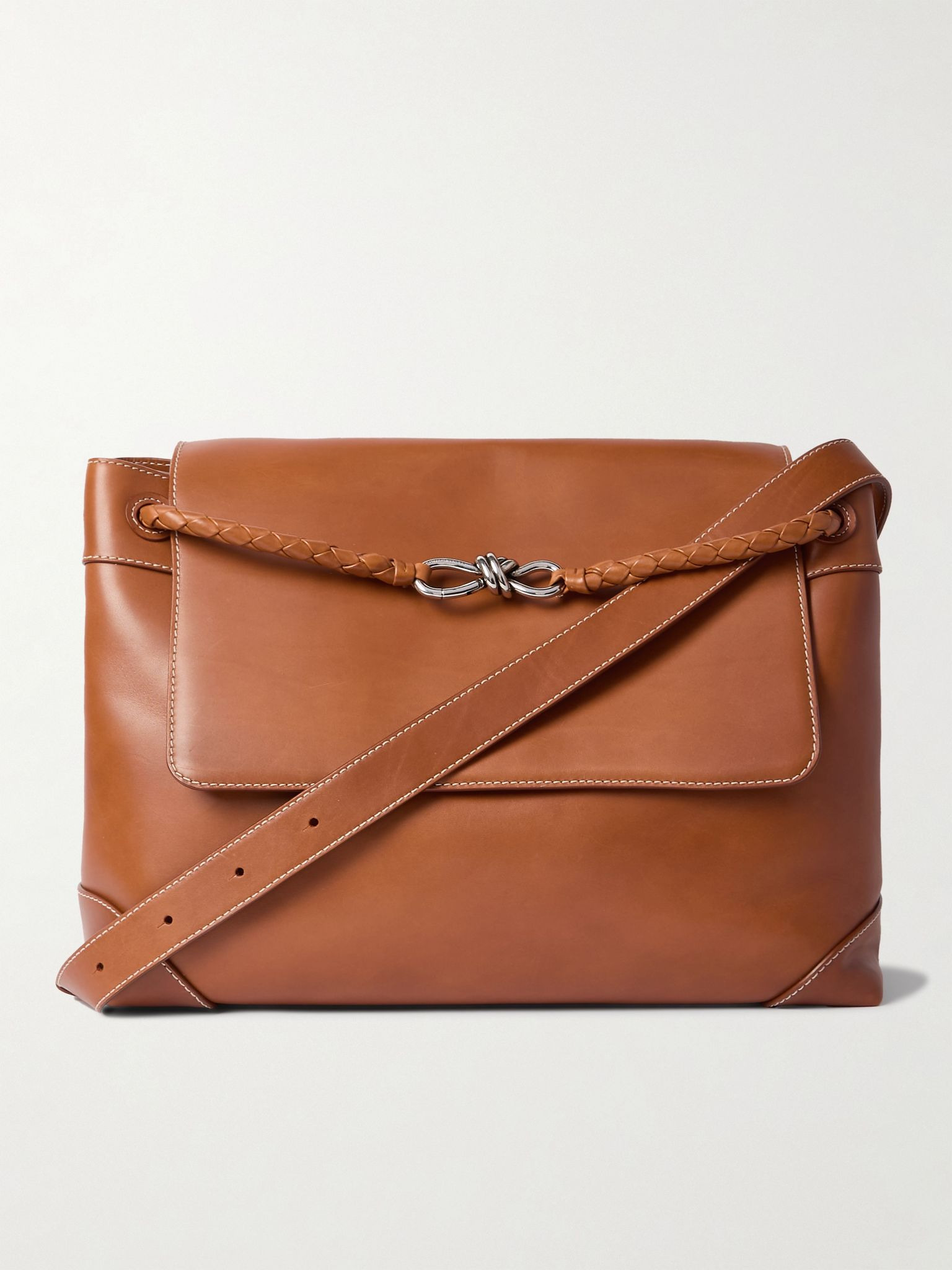 Andiamo Intrecciato-Trimmed Leather Messenger Bag Brown - 1
