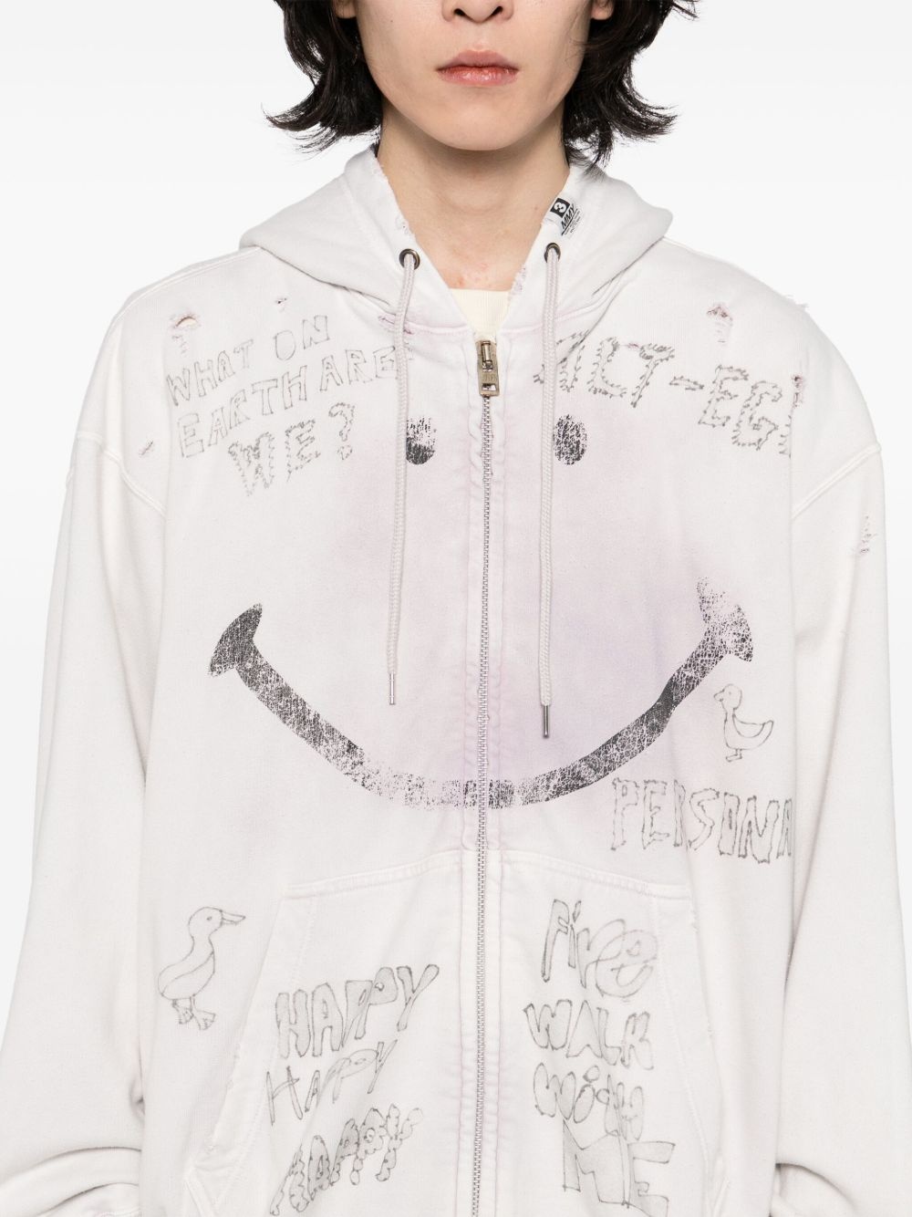 bleached smily-face-print zip-up hoodie - 5