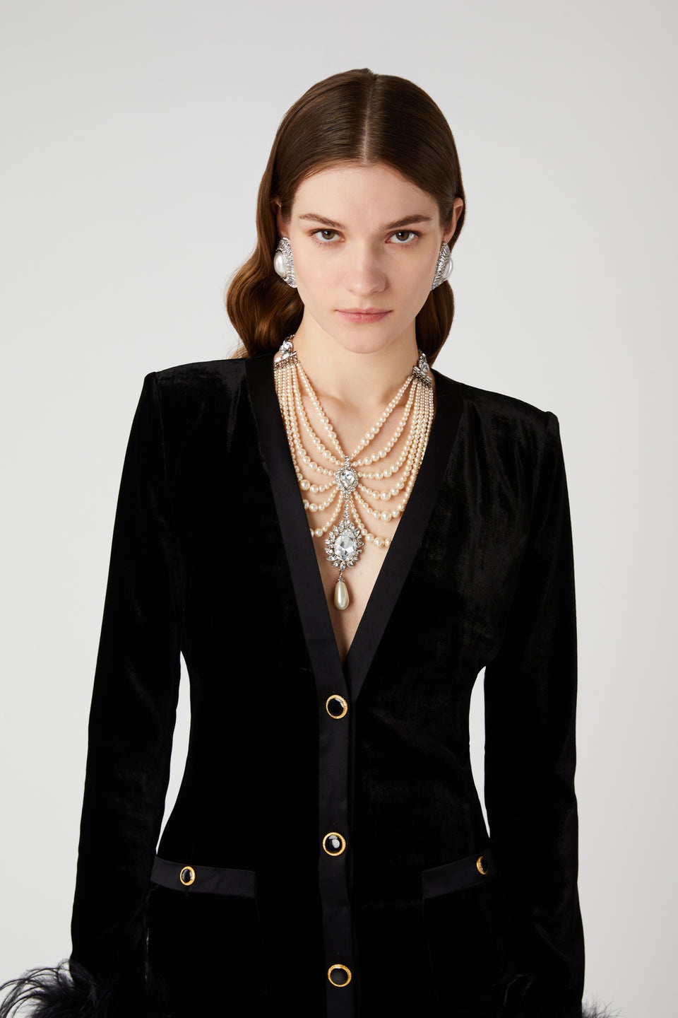 VELVET DRESS WITH FEATHERS AND JWL BUTTONS - 6