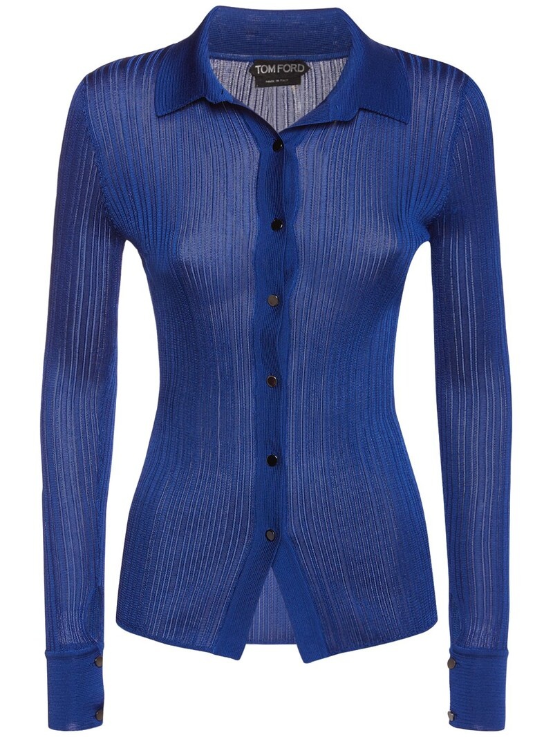 Shiny rib knit polo cardigan - 1