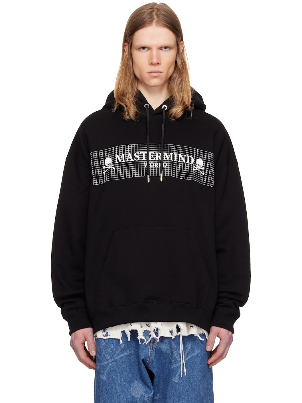 Black Boxy Fit Grid Hoodie - 1