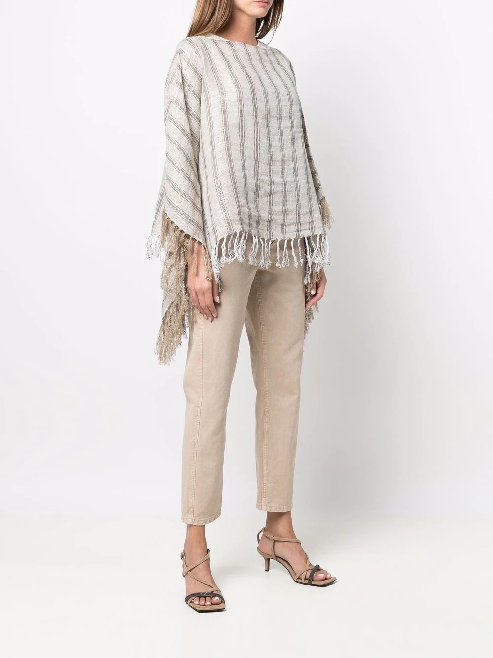 striped tassel-trim poncho - 3