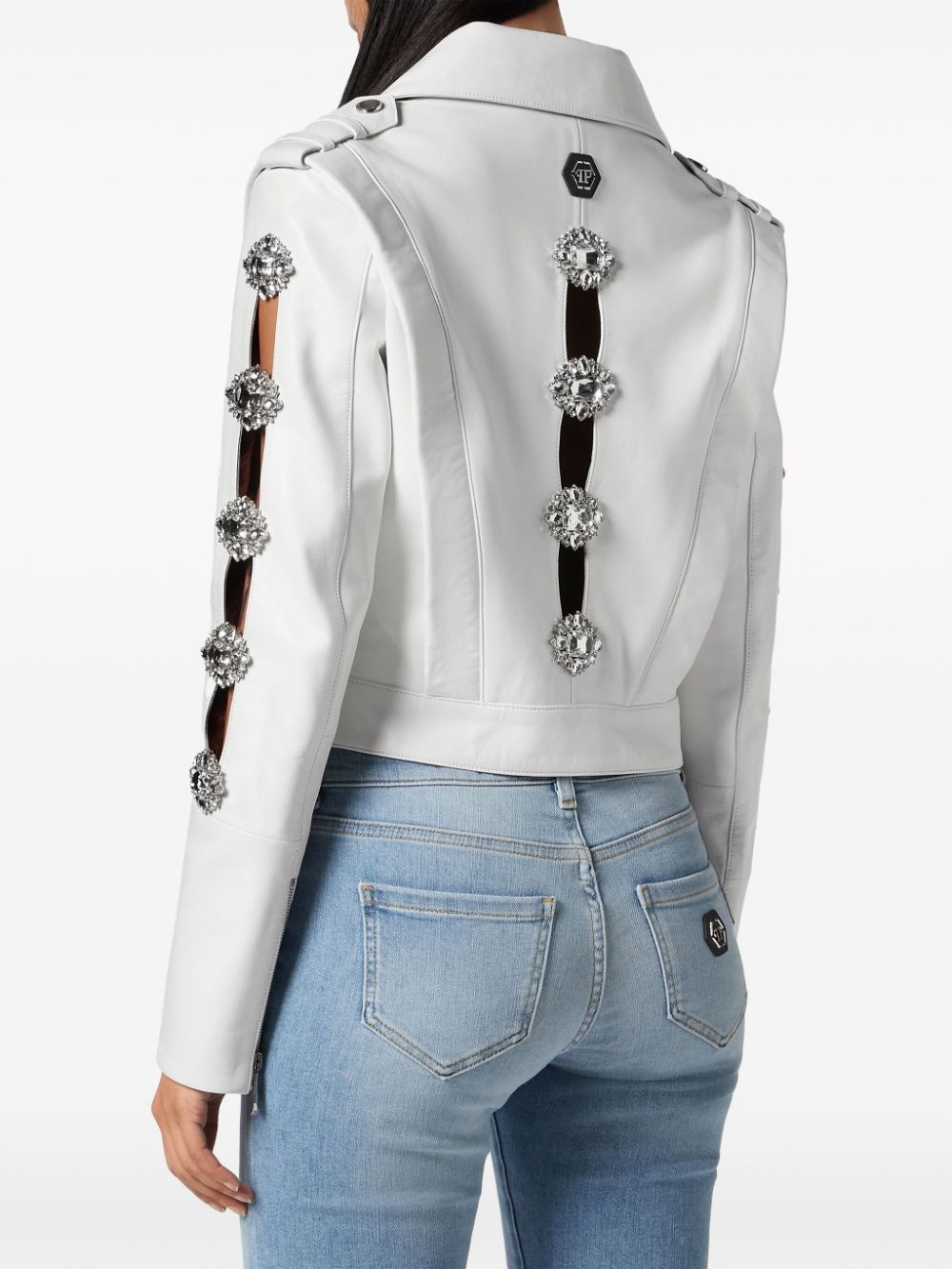 crystal-embellished biker jacket - 4