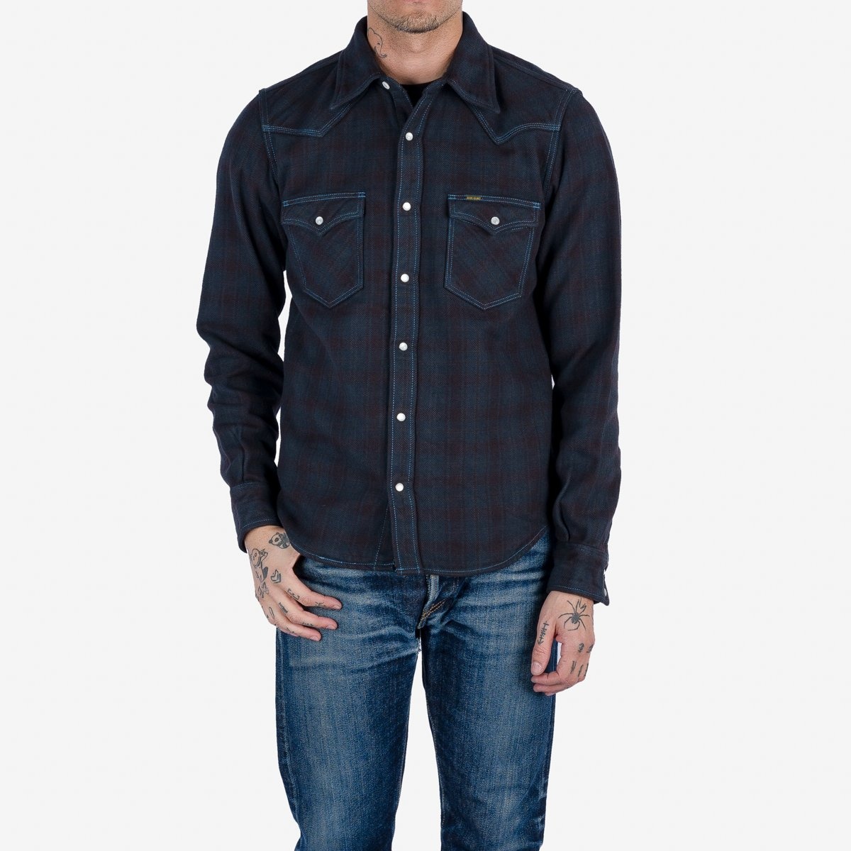 IHSH-333-OD Ultra Heavy Flannel Blanket Check Western Shirt - Sax Blue Overdyed Black - 2