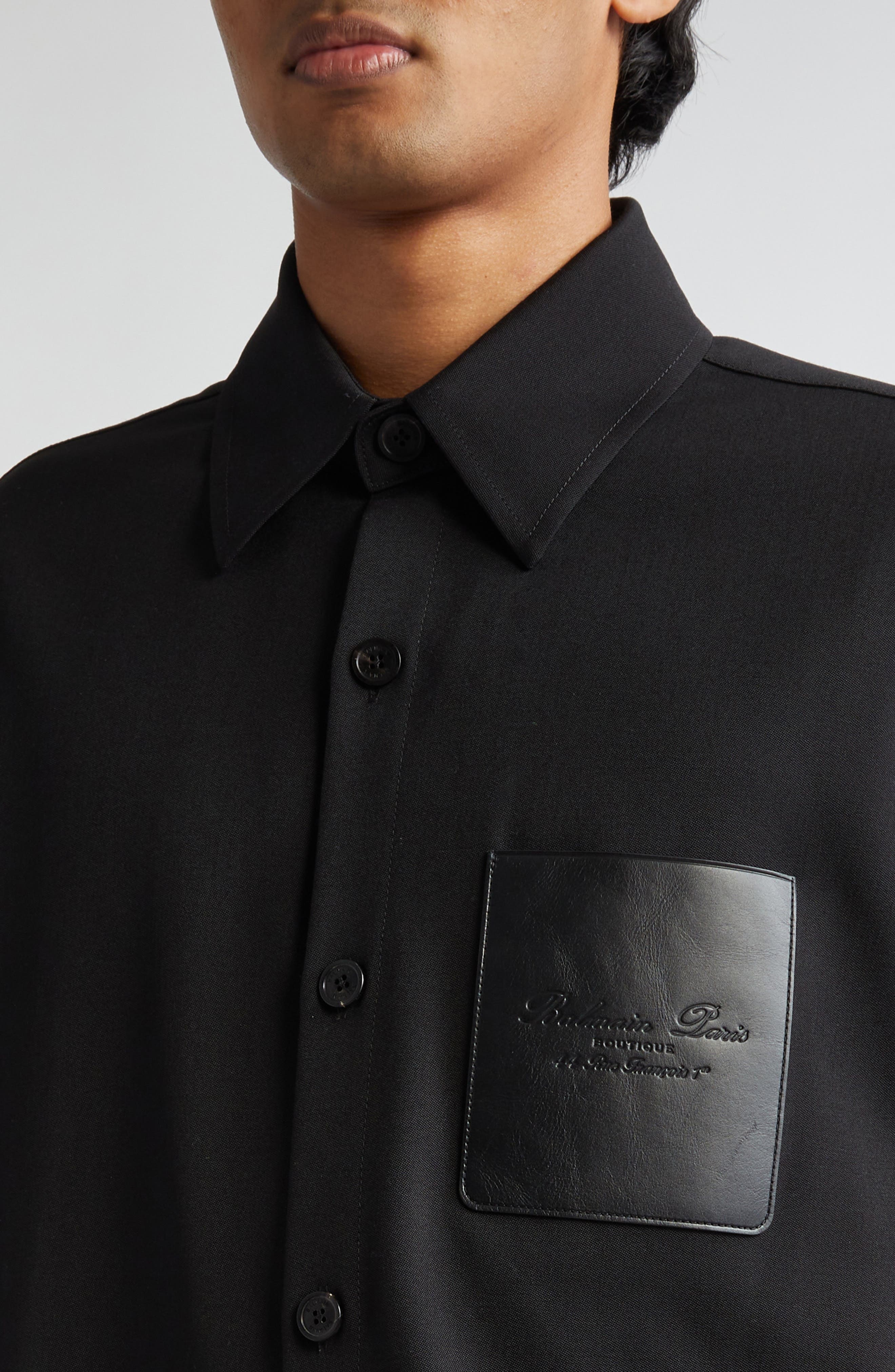 Balmain Couture Label Grain de Poudre Button-Up Overshirt in 0Pa Black at Nordstrom - 4
