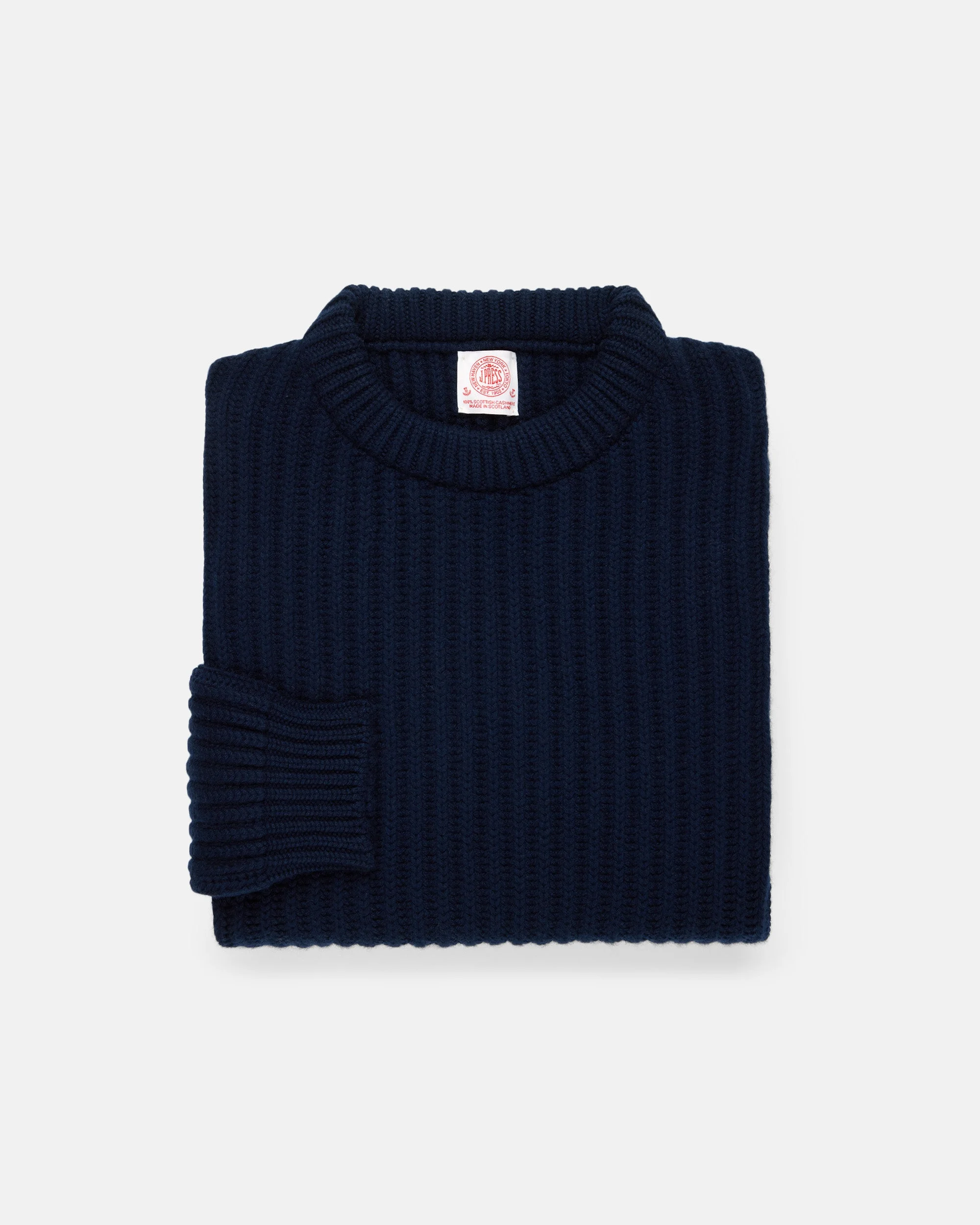MADE-IN-SCOTLAND NAVY CASHMERE FISHERMAN RIB CREWNECK SWEATER - 1
