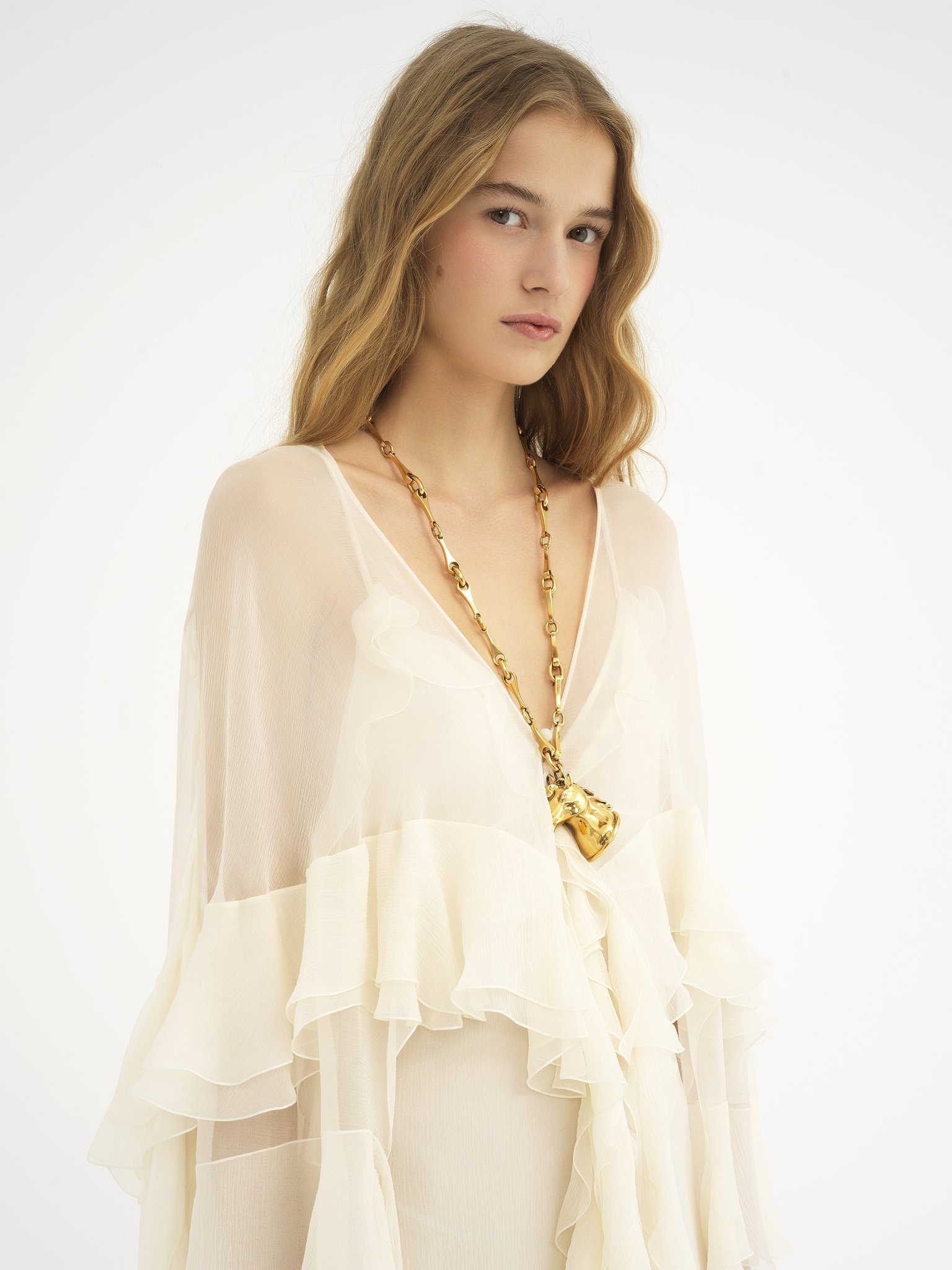 LONG RUFFLED DRESS IN SILK MOUSSELINE - 7