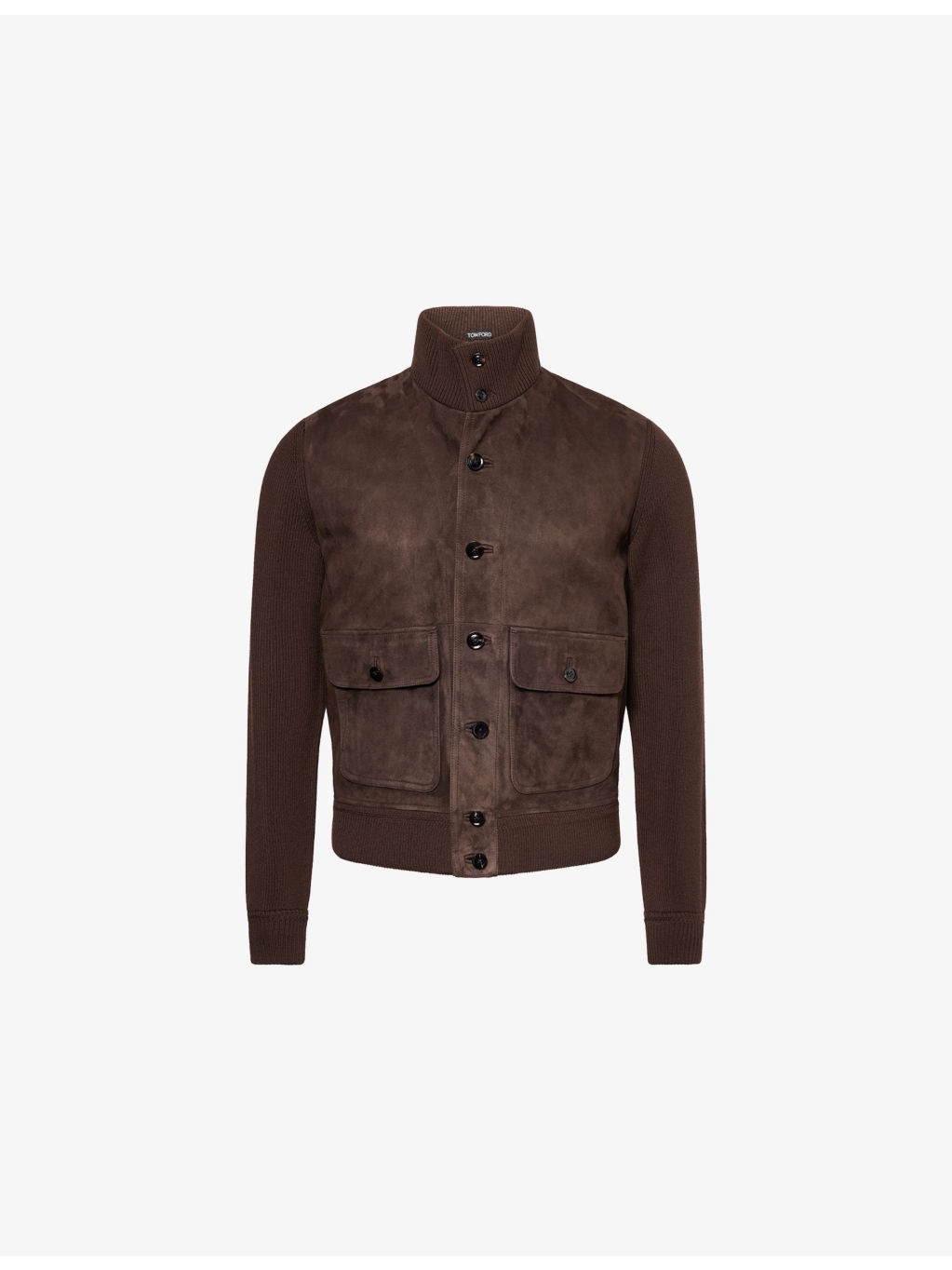 Funnel-Neck Ribbed-Sleeve Suede and Wool Jacket - 1