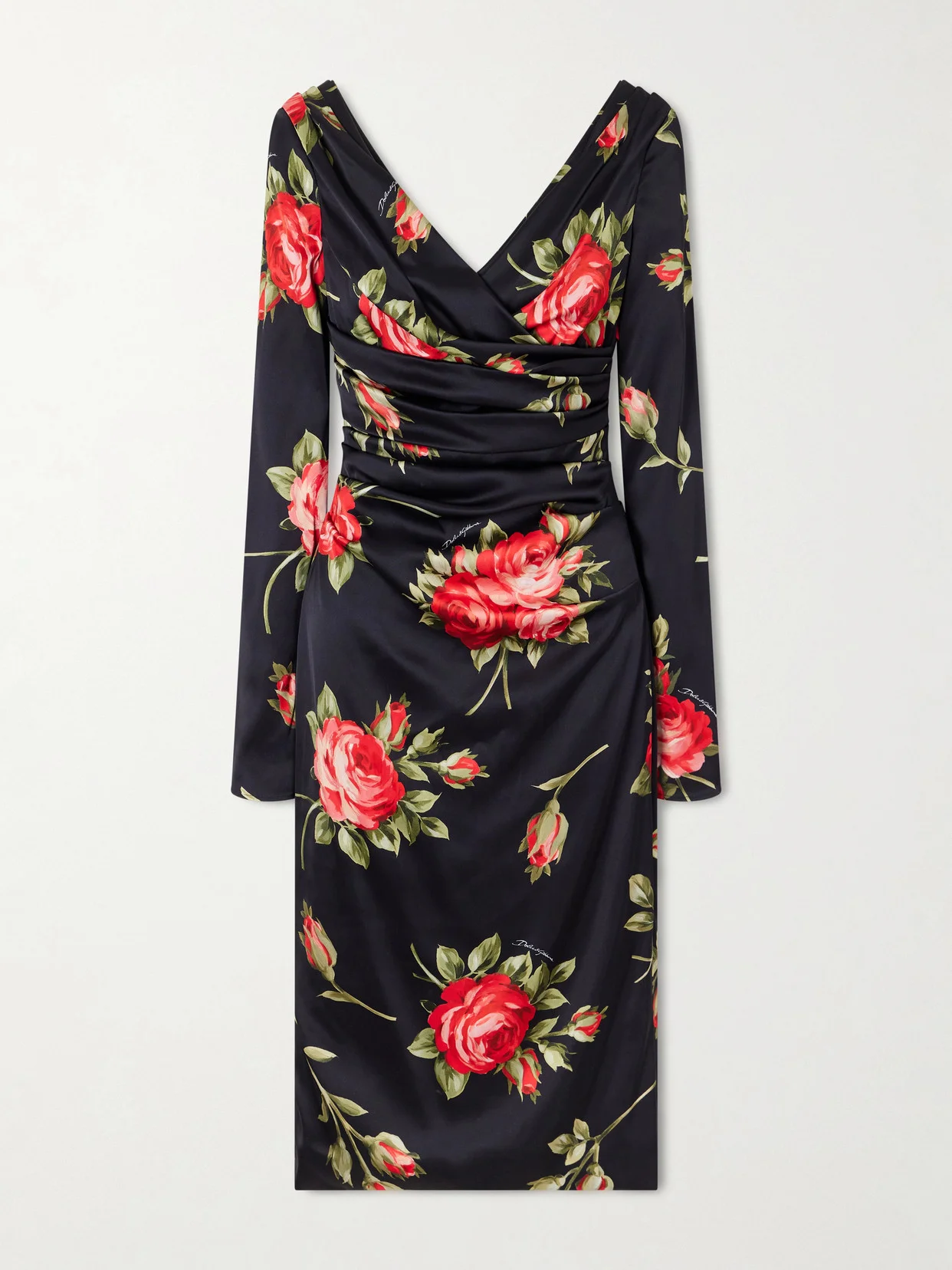 Ruched Floral-printed Satin Midi Dress - 1