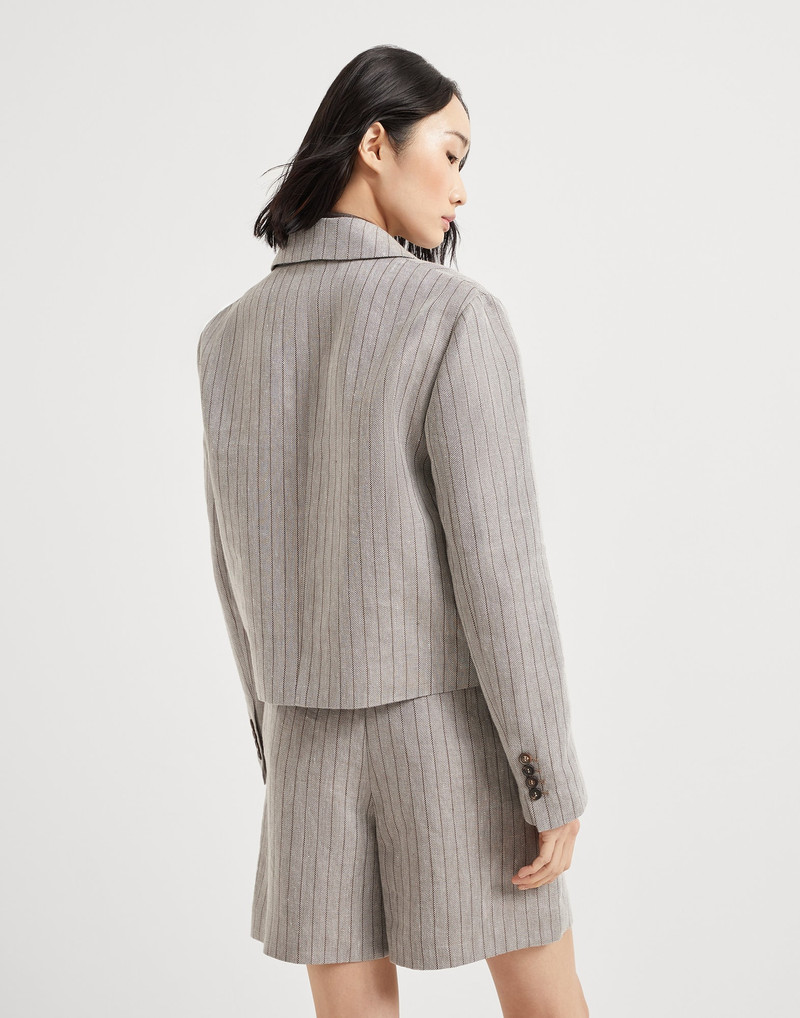 Brunello Cucinelli Techno linen chalk stripe chevron cropped blazer with monili outlook