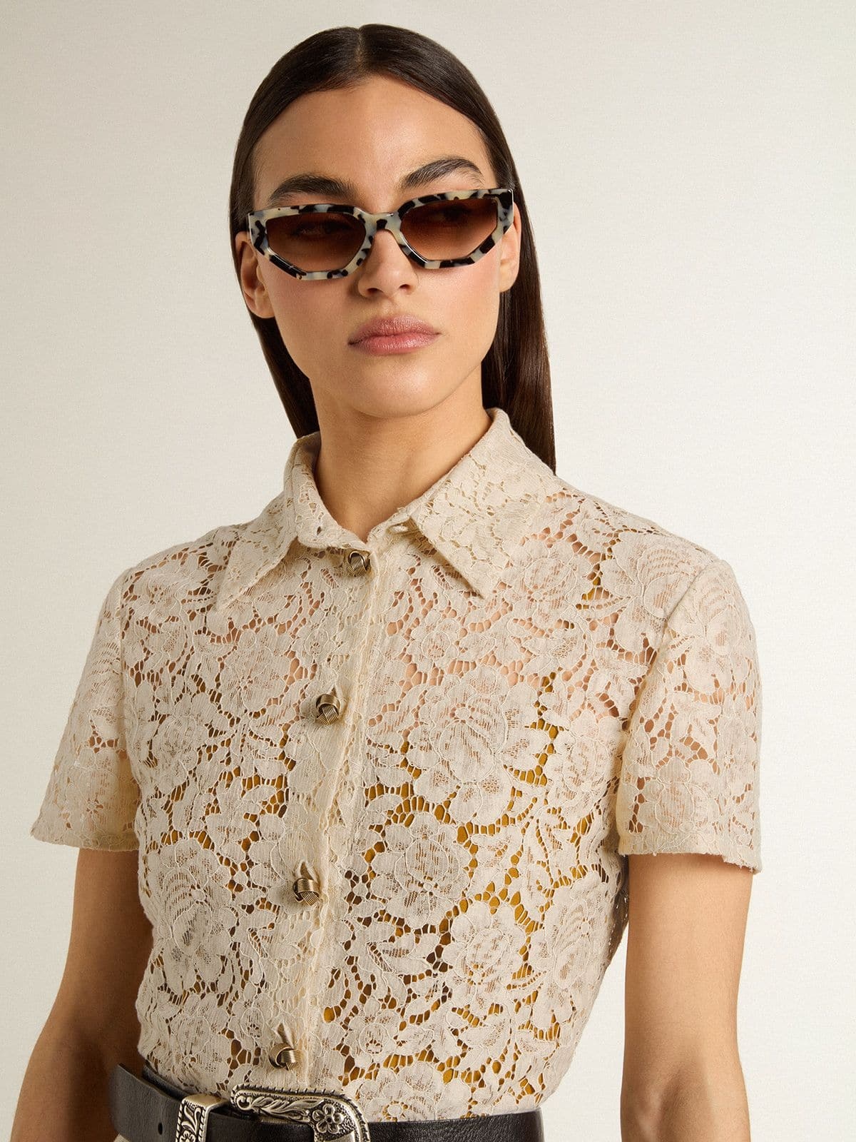 Women's midi dress in cream-colored see-through lace - 5