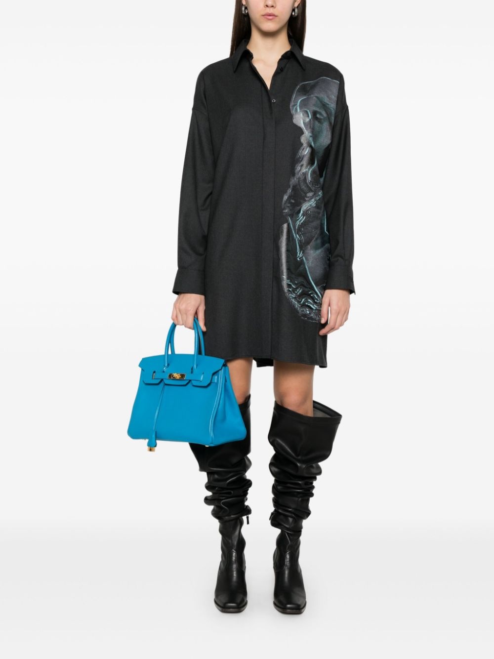 flannel statue print shirt dress - 2