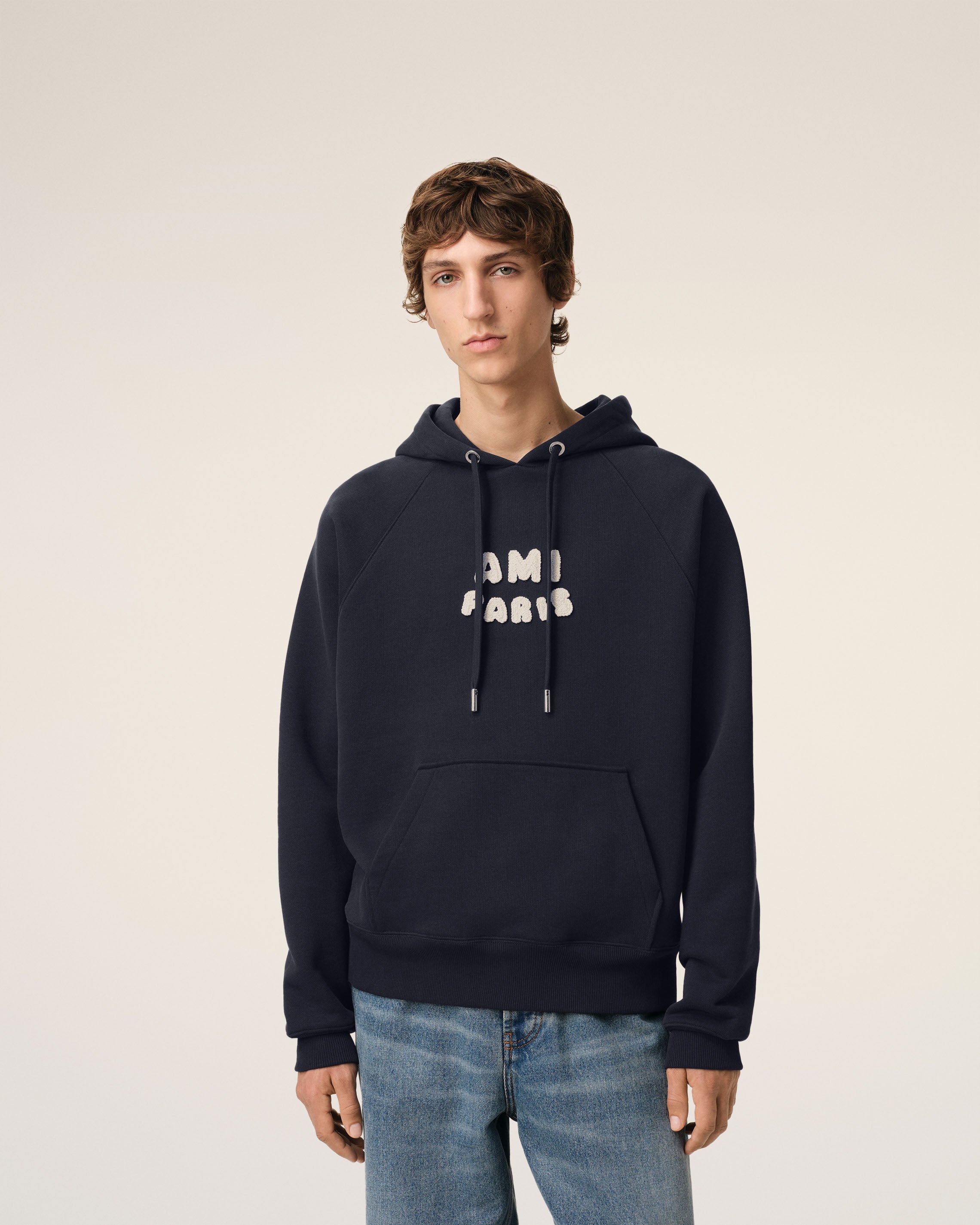 NAVY COTTON HOODIE WITH AMI PARIS PATCH - 3