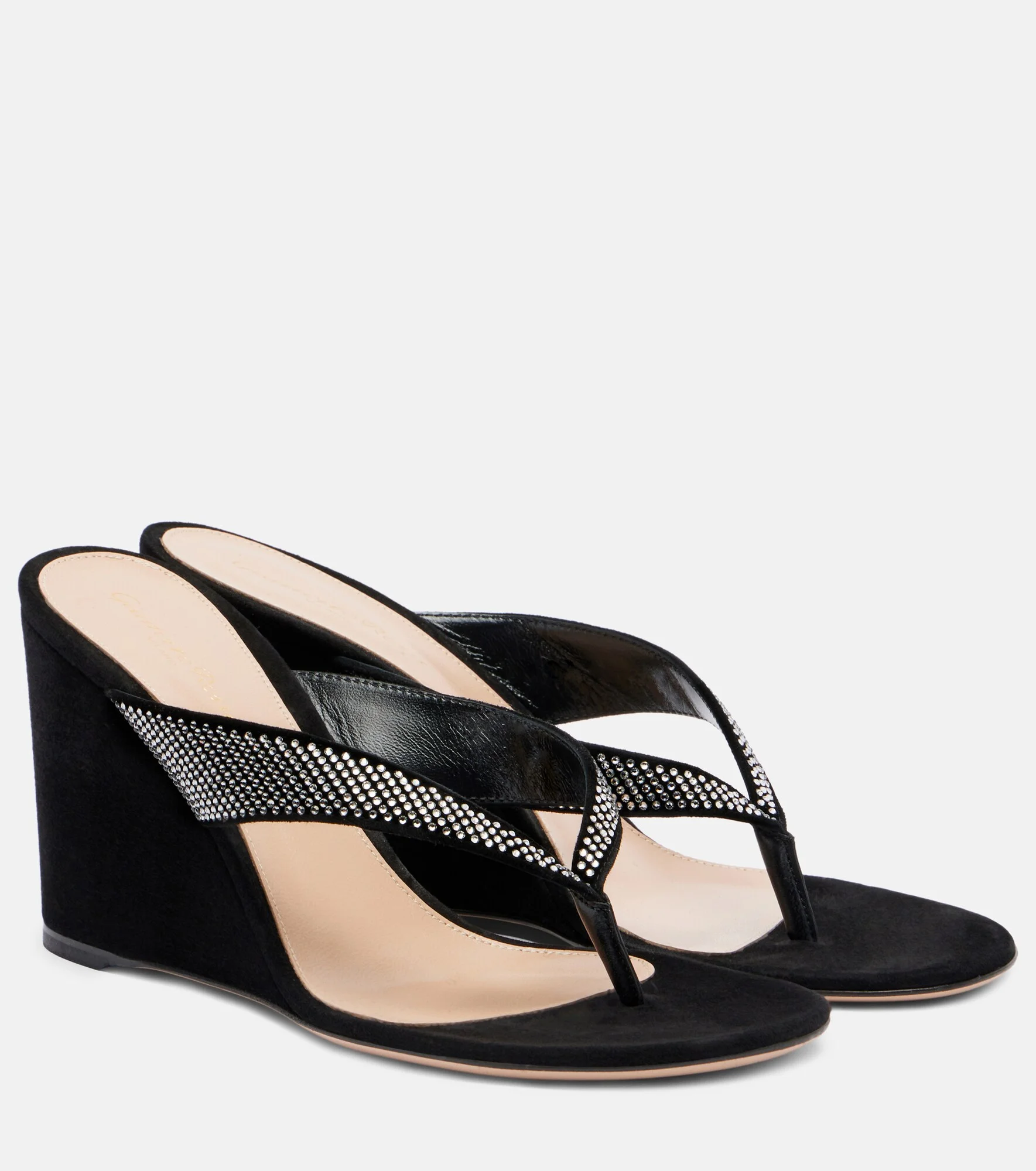 Crystal-embellished suede wedge thong sandals - 1