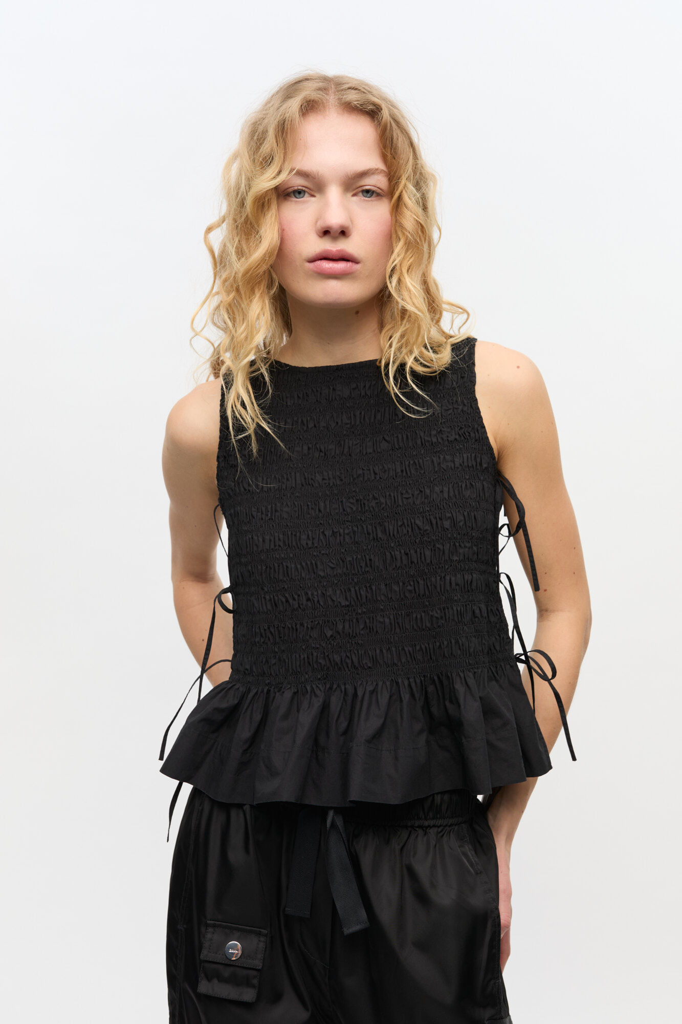 BLACK COTTON SMOCK TIE TOP - 2