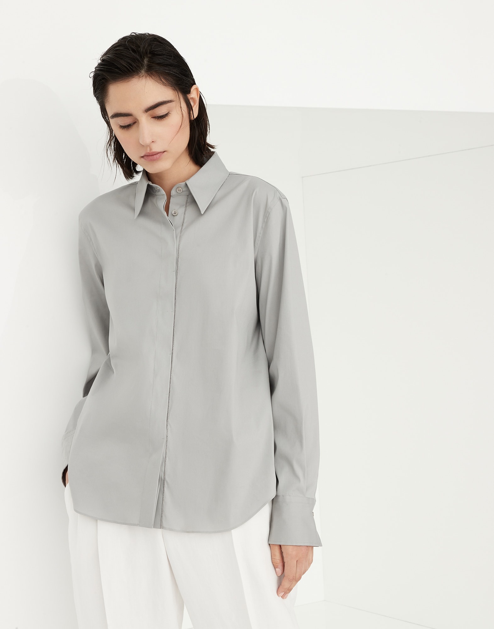 Stretch cotton poplin shirt with shiny trim - 1