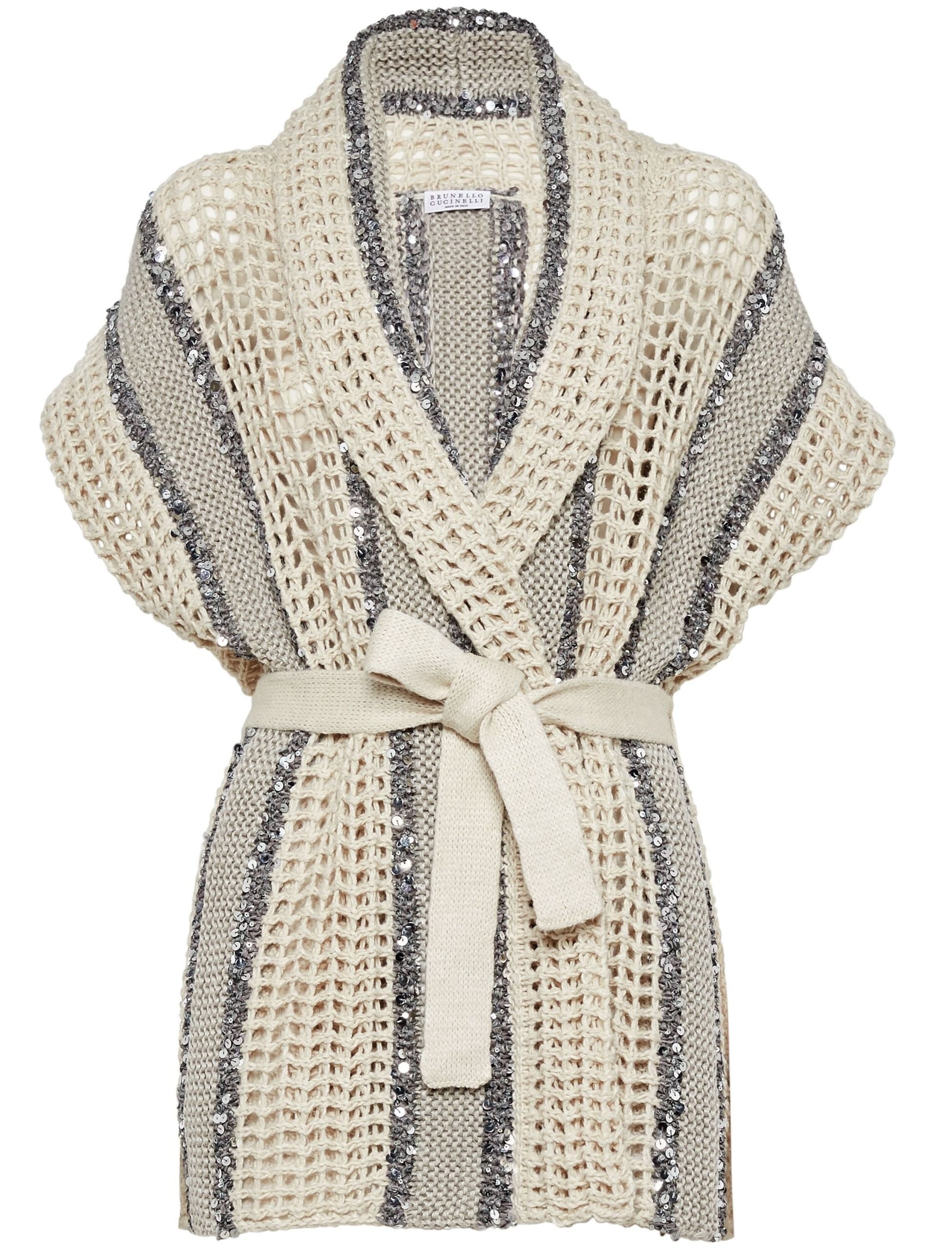 Neutral Sequin Embellished Belted Cardigan - 1