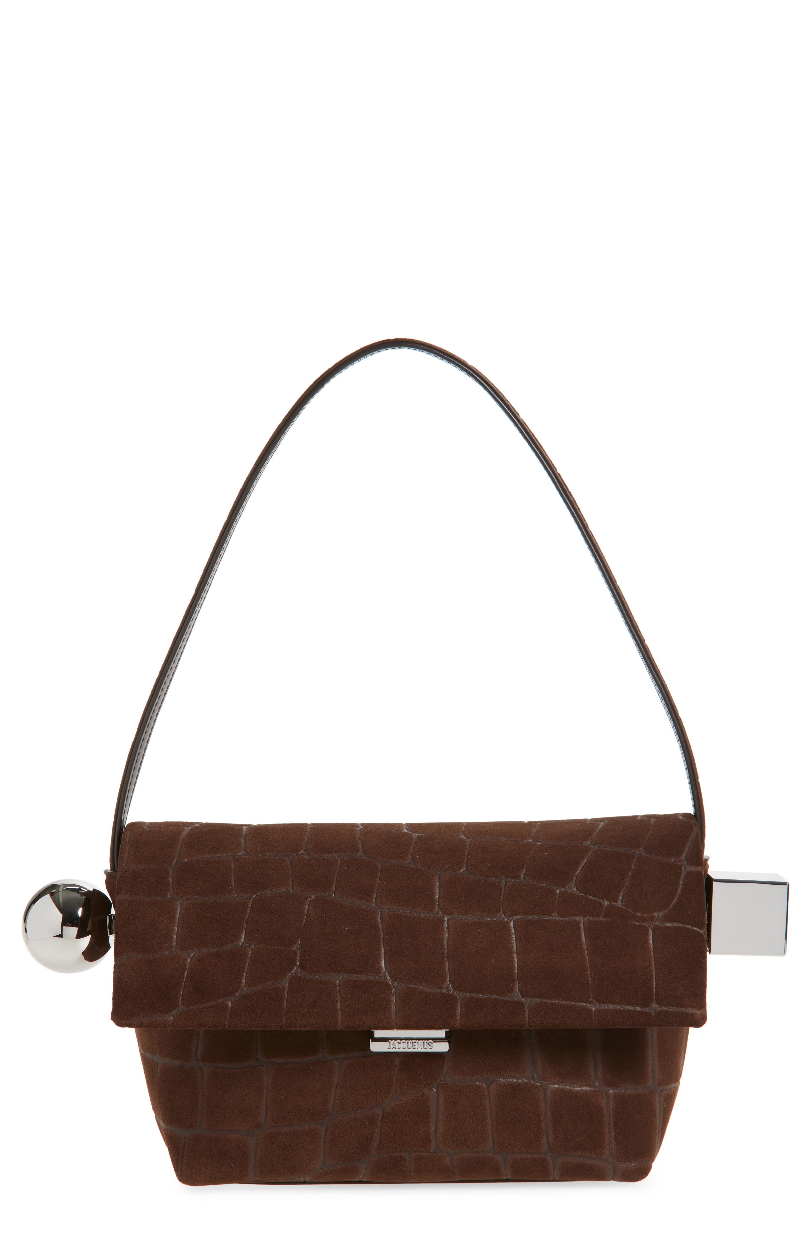 Jacquemus Le Rond Carré Croc Embossed Leather Shoulder Bag in Dark Brown 880 at Nordstrom - 1