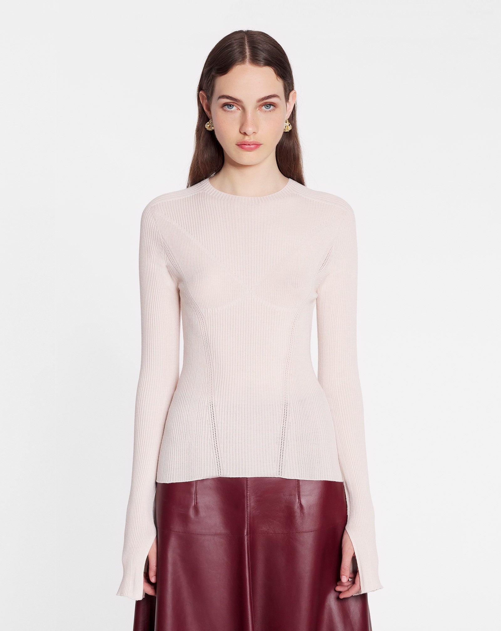 ROUND NECK LONG SLEEVE RIBBED TOP IN SILK AND CASHMERE - 2