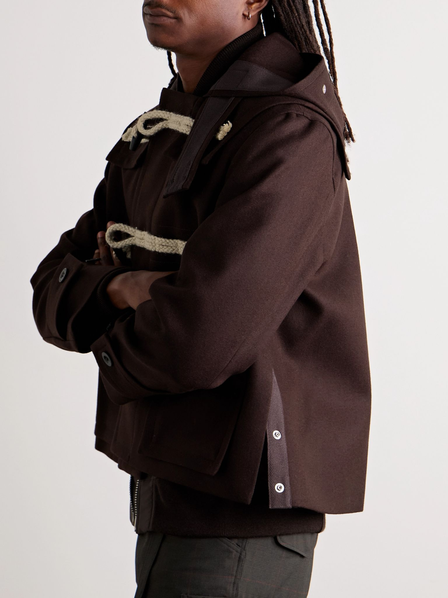 Rope-Trimmed Layered Melton Wool-Felt and Nylon Hooded Jacket Brown - 6