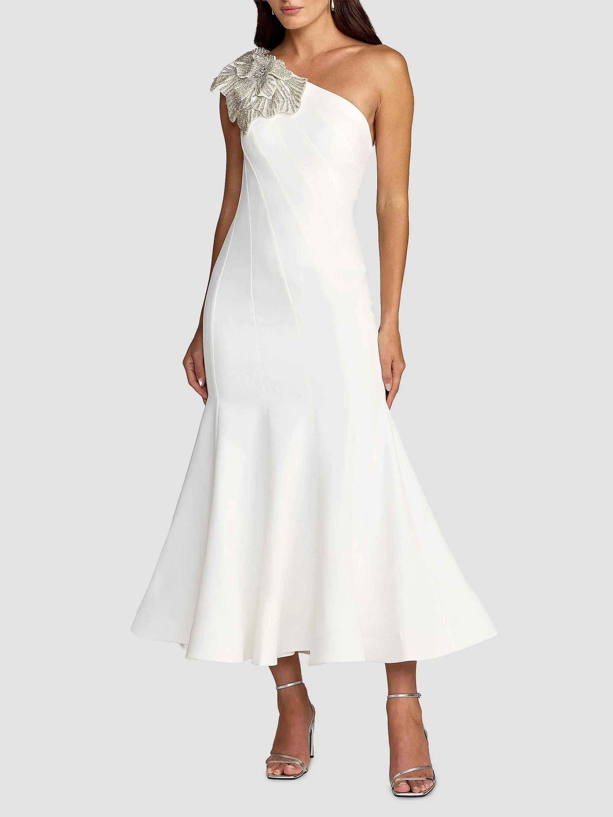 Women's Embellished Crepe One-Shoulder Mermaid Midi-Dress - Ivory - 1