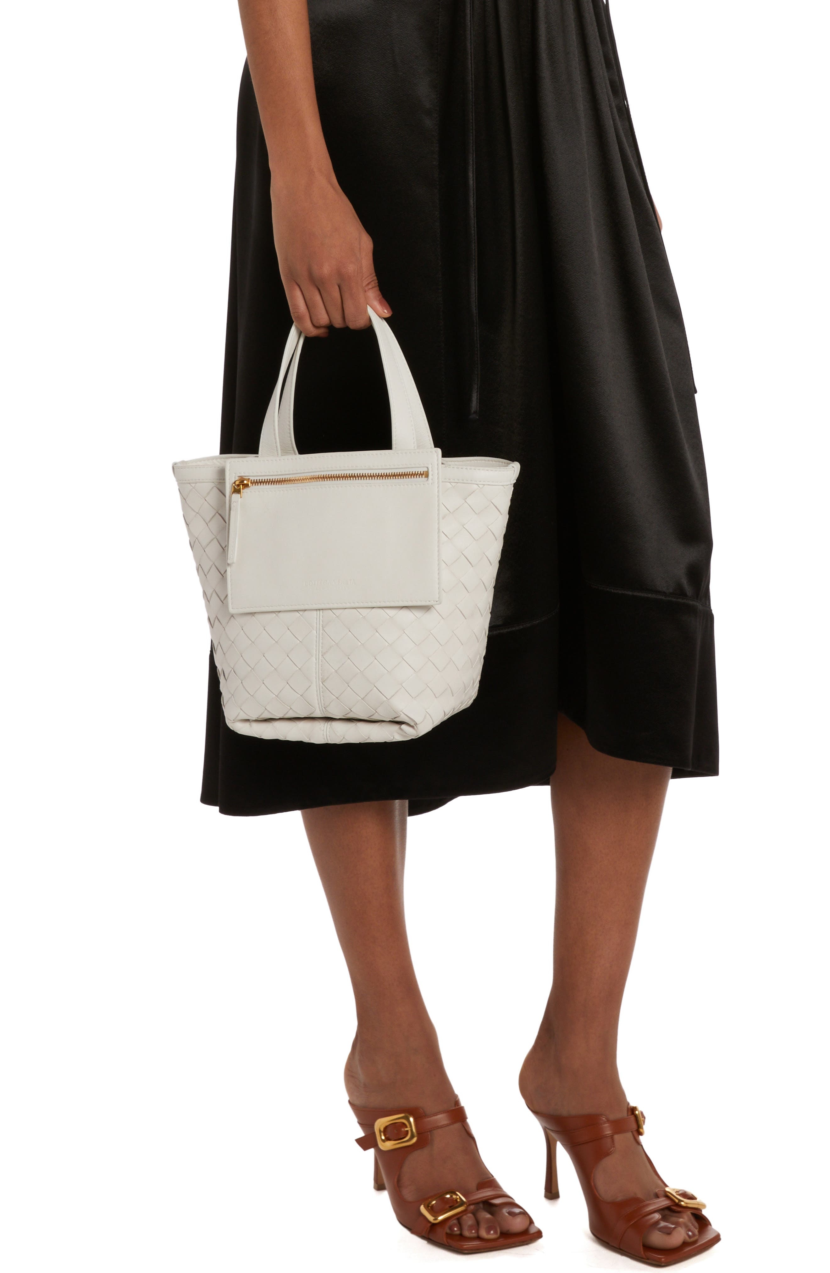 Bottega Veneta Small Intrecciato Flip Flap Leather Tote Bag in 9104 Chalk-M Brass at Nordstrom - 2