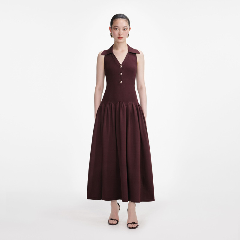 Brown Ribbed Knit Maxi Dress - 1