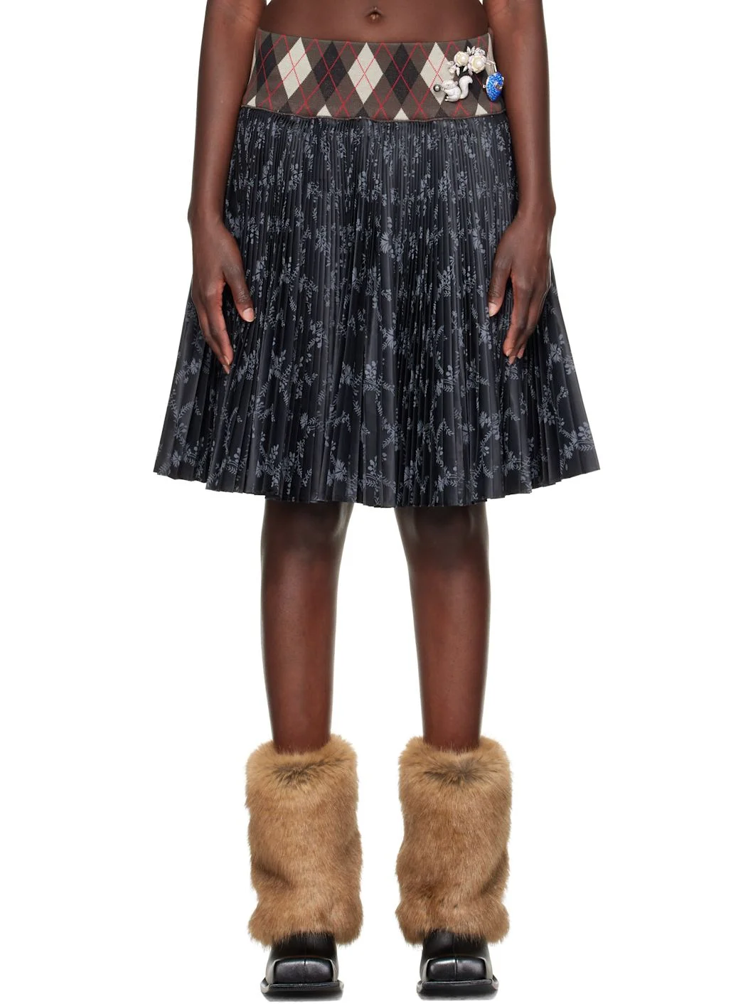 Black Crescent Pleated Knee Miniskirt - 1