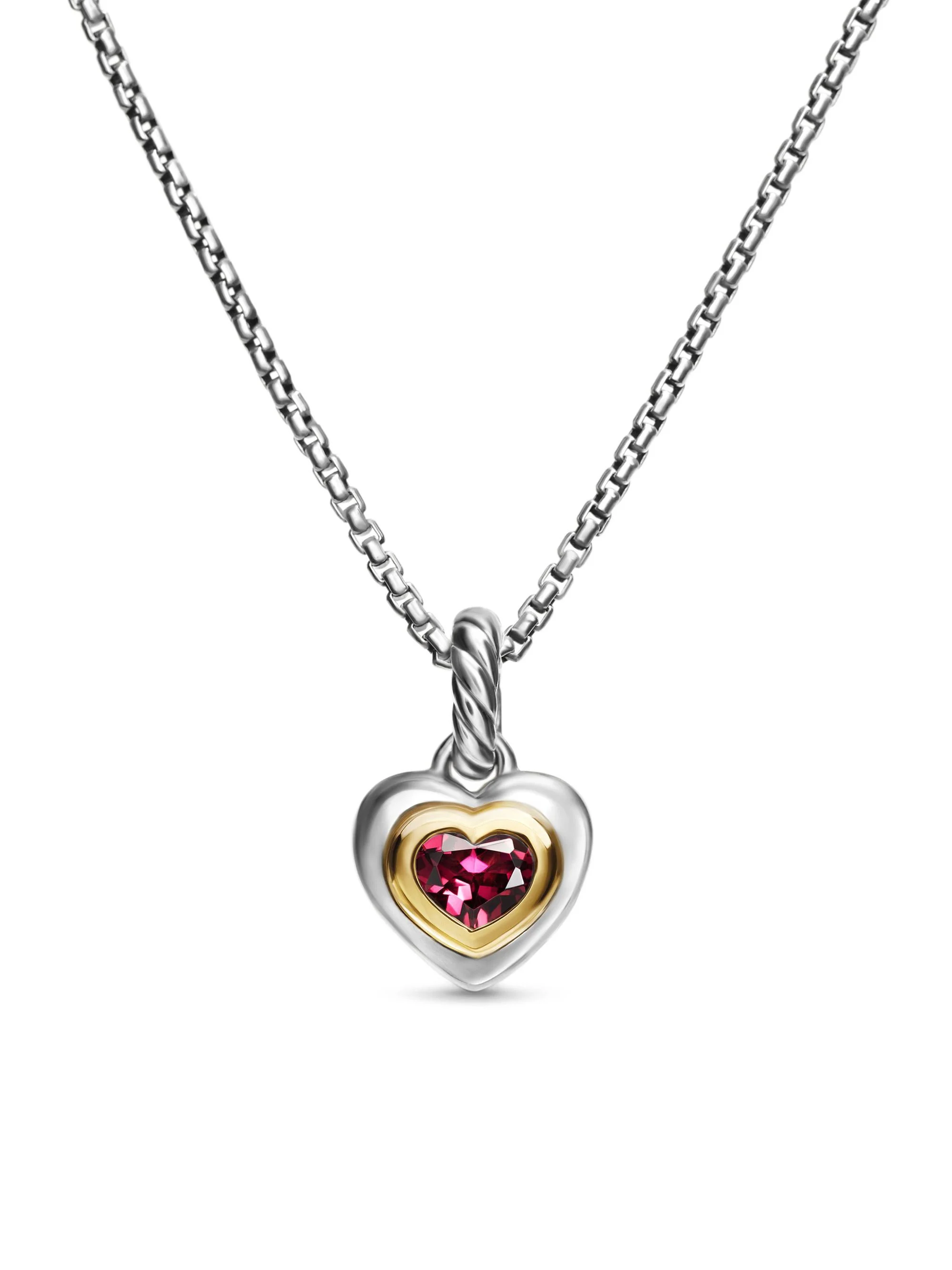 Women's Petite Cable Heart Pendant Necklace in Sterling Silver, 14K Yellow Gold and Rhodolite Garnet - 1