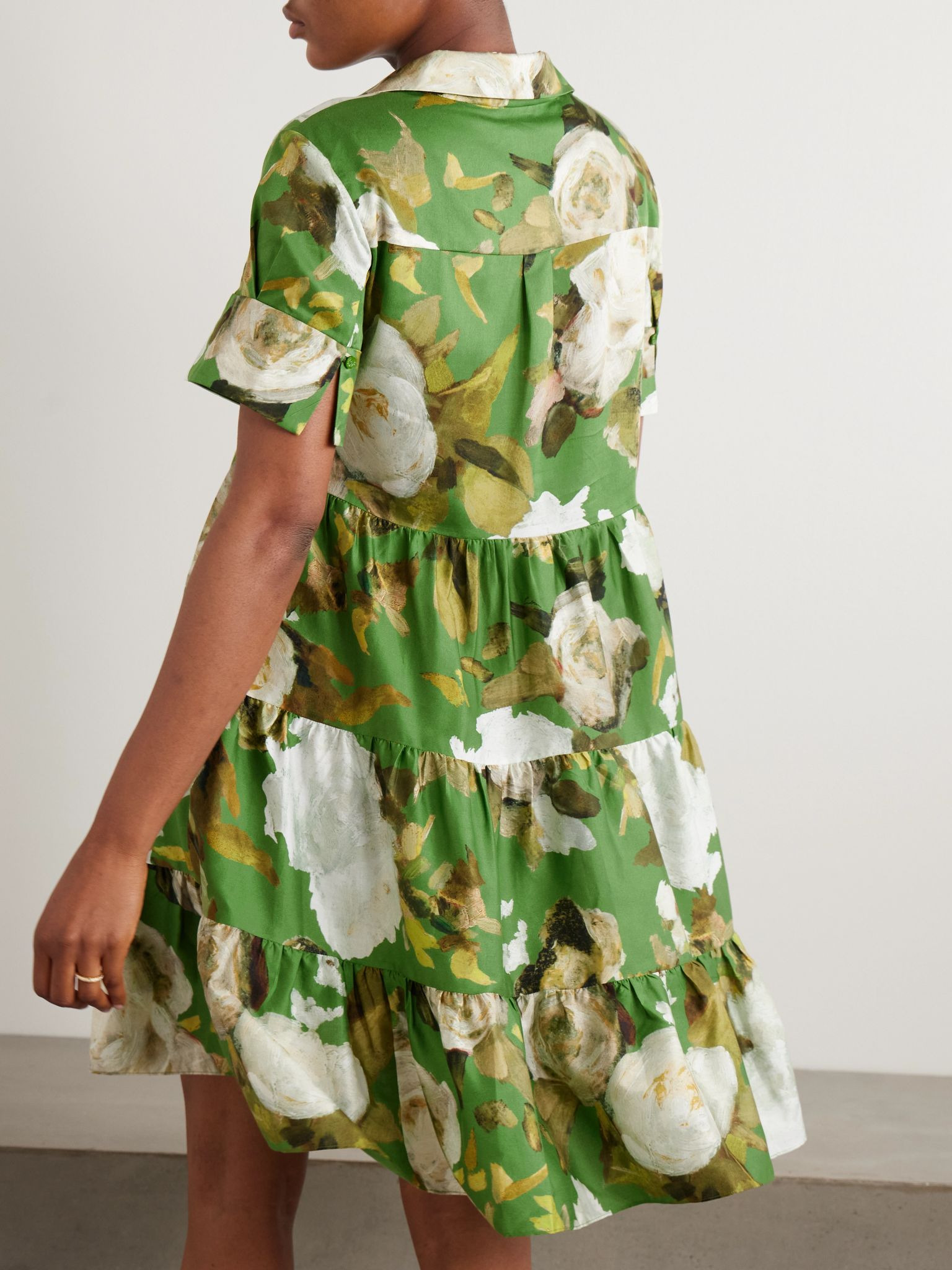 Gathered tiered floral-print cotton-poplin mini shirt dress Green - 3