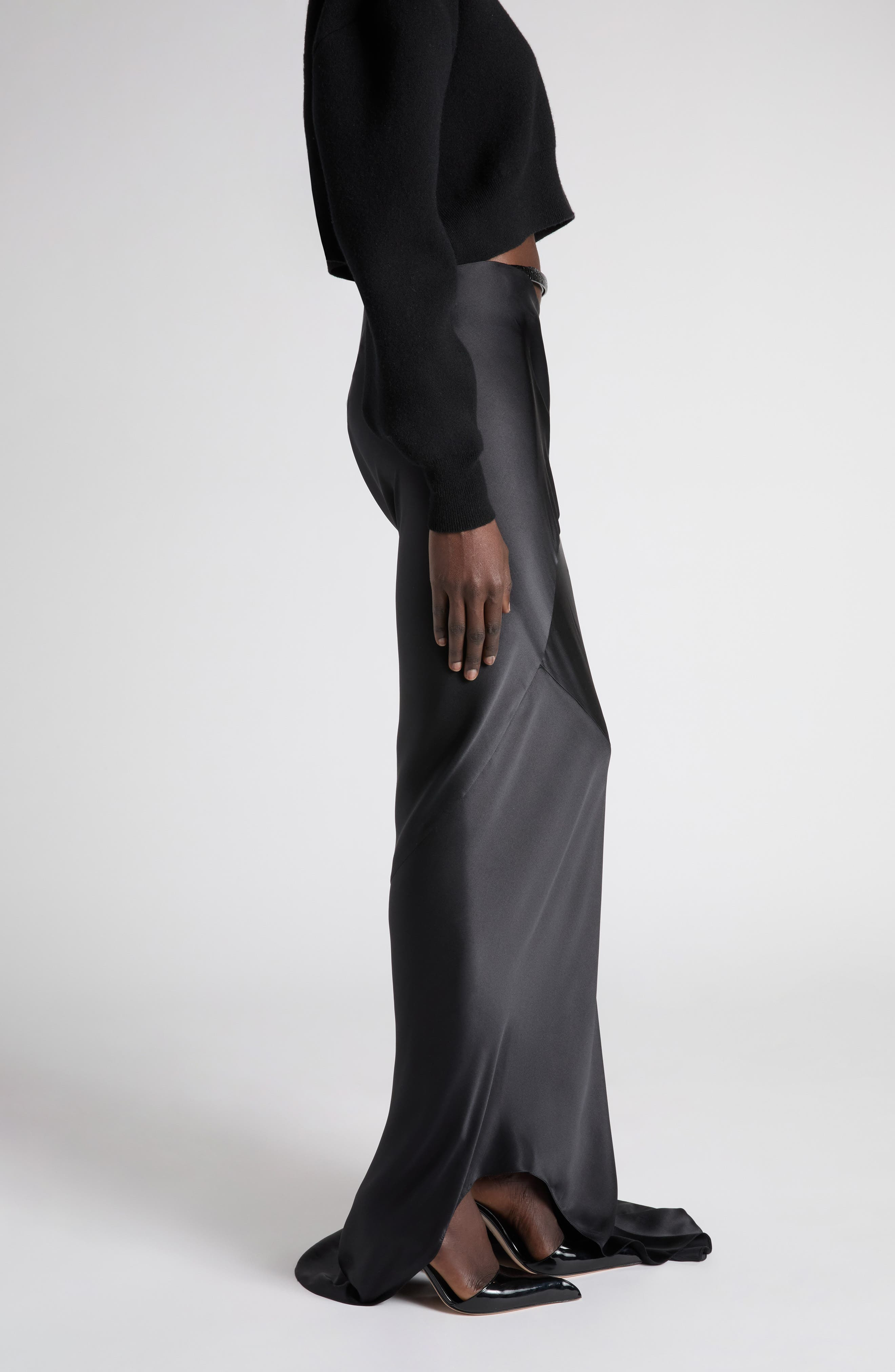 TOM FORD Belt Accent Bias Cut Silk Satin Maxi Skirt with Train in Black at Nordstrom - 4