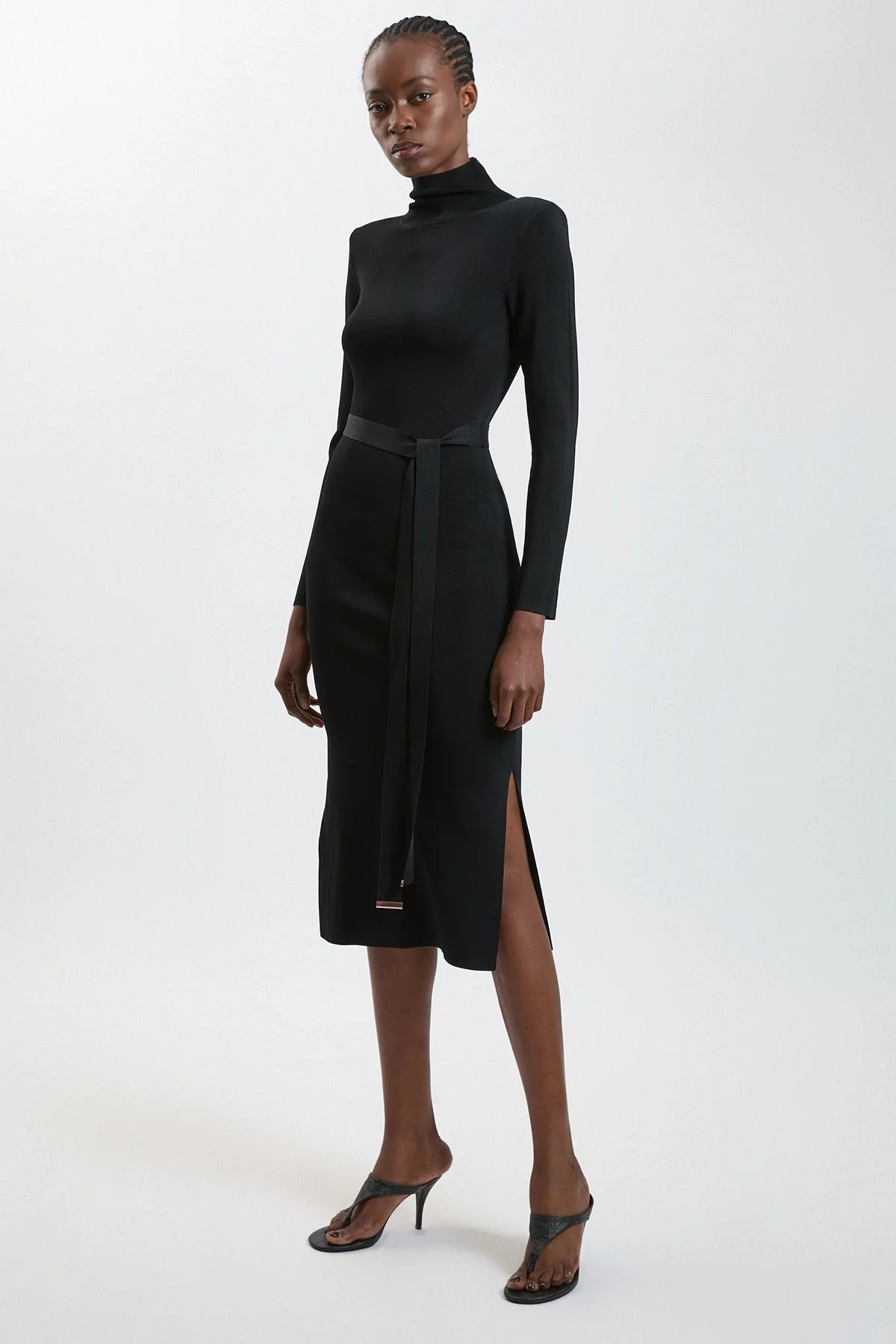Slinky Drape Knit Power Shoulder Funnel Dress - 1