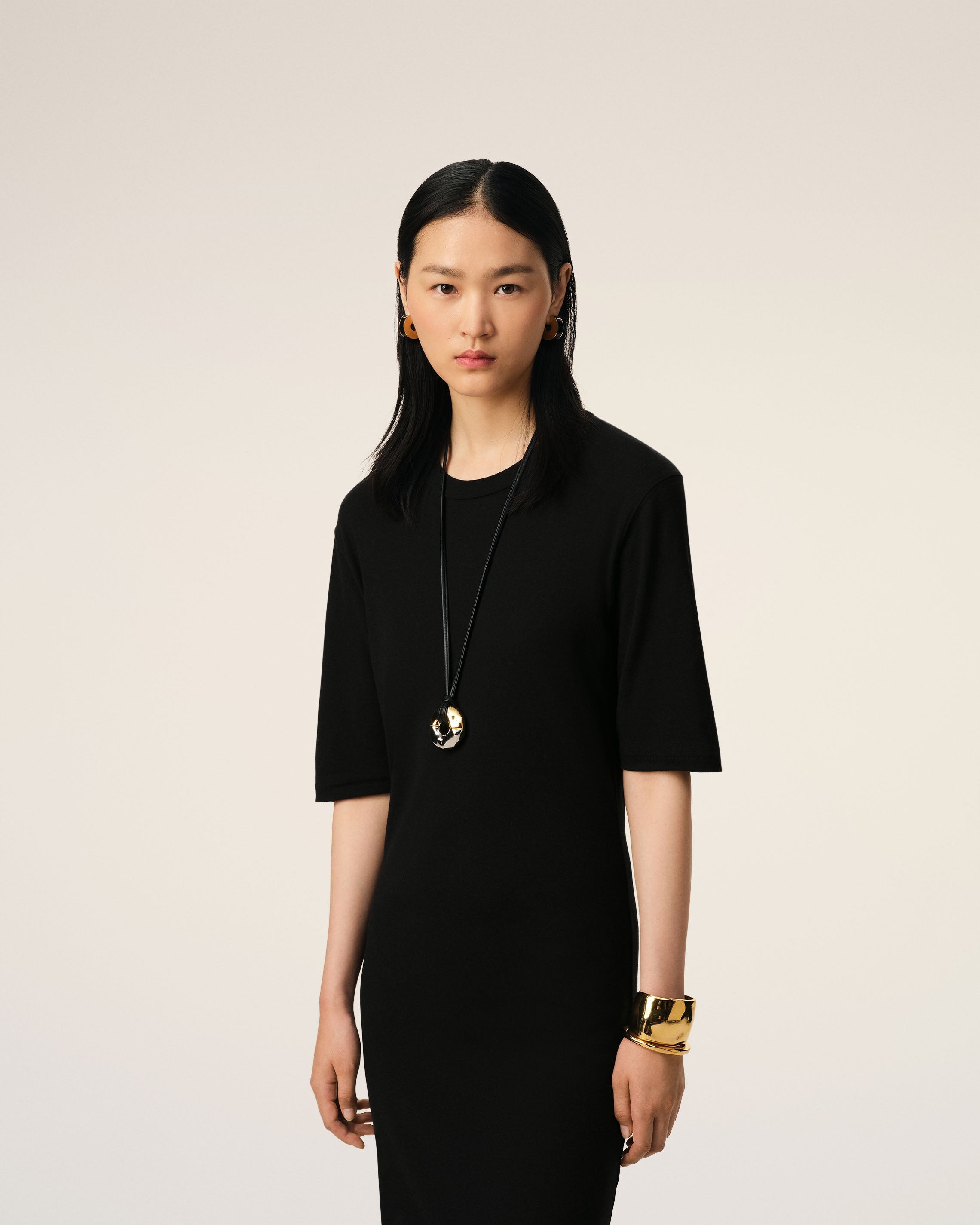 BLACK COTTON SHORT SLEEVE MIDI DRESS - 3