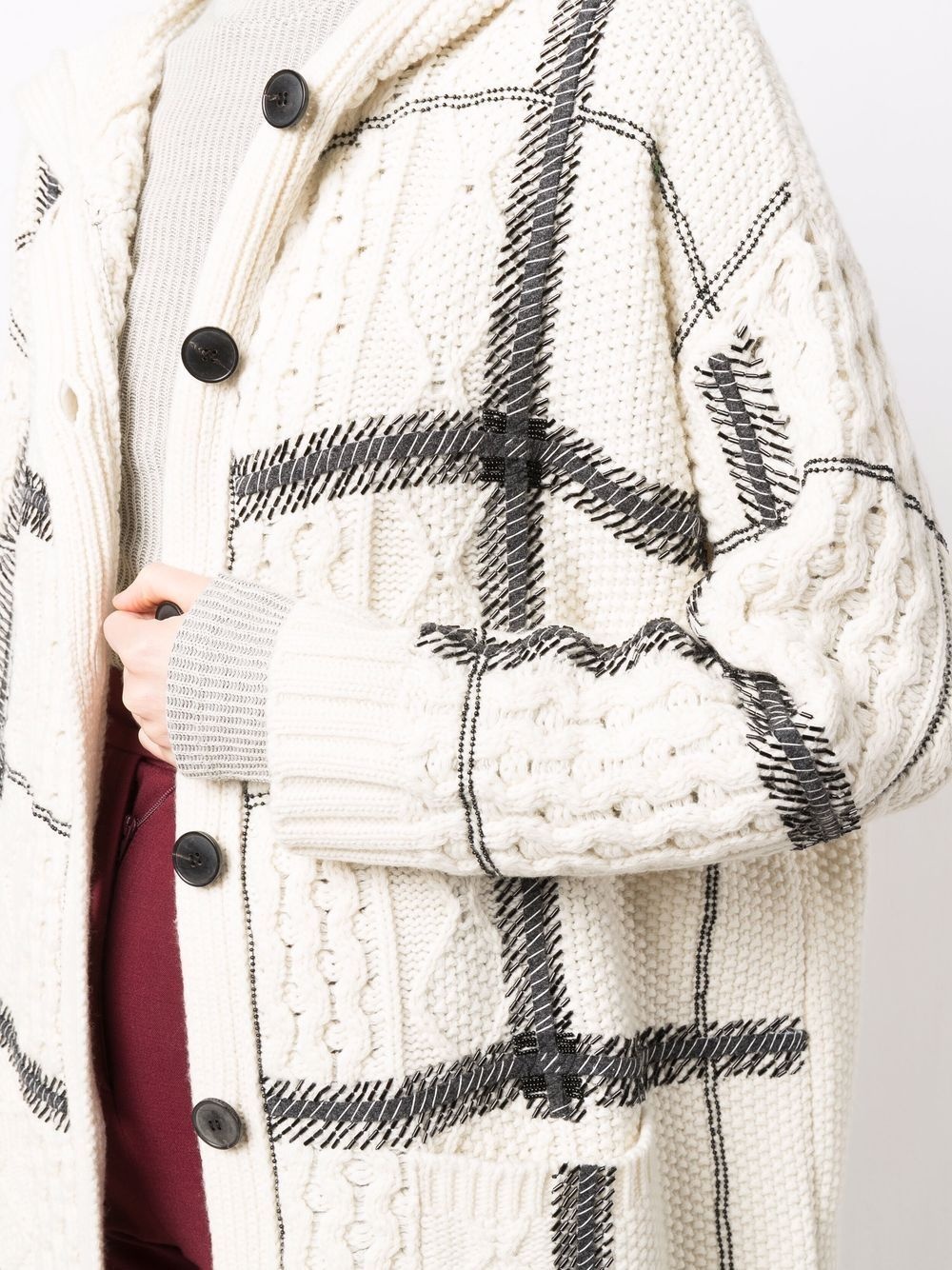 bead-embellished check-pattern hooded cardigan - 5