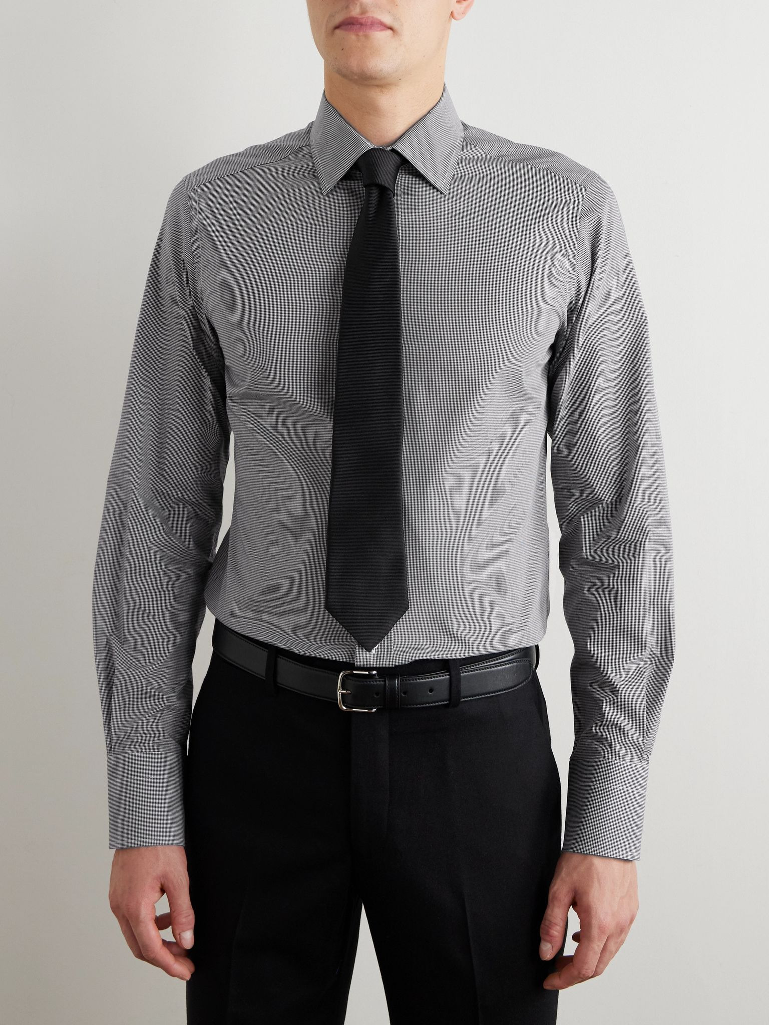 Slim-Fit Cutaway-Collar Checked Cotton-Poplin Shirt Gray - 2