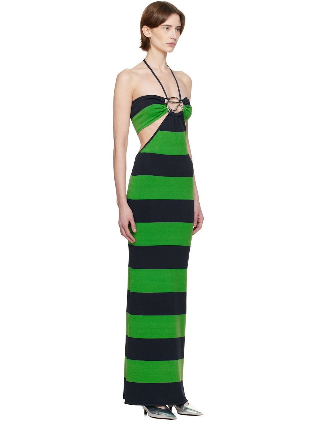 Green & Navy Knitted Striped Halter Maxi Dress - 2