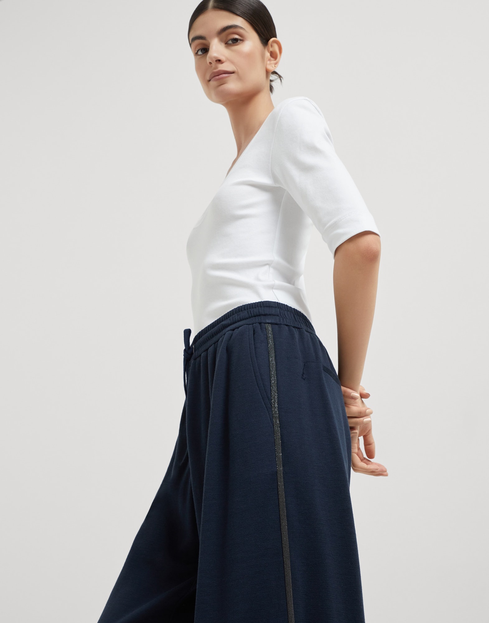 Comfort cotton and silk interlock wide trousers with precious stripe - 3