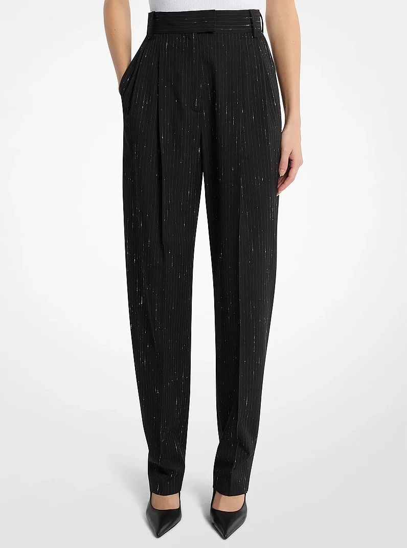 Dru Pleated Pinstriped Sequin Stretch Wool Trousers - 1