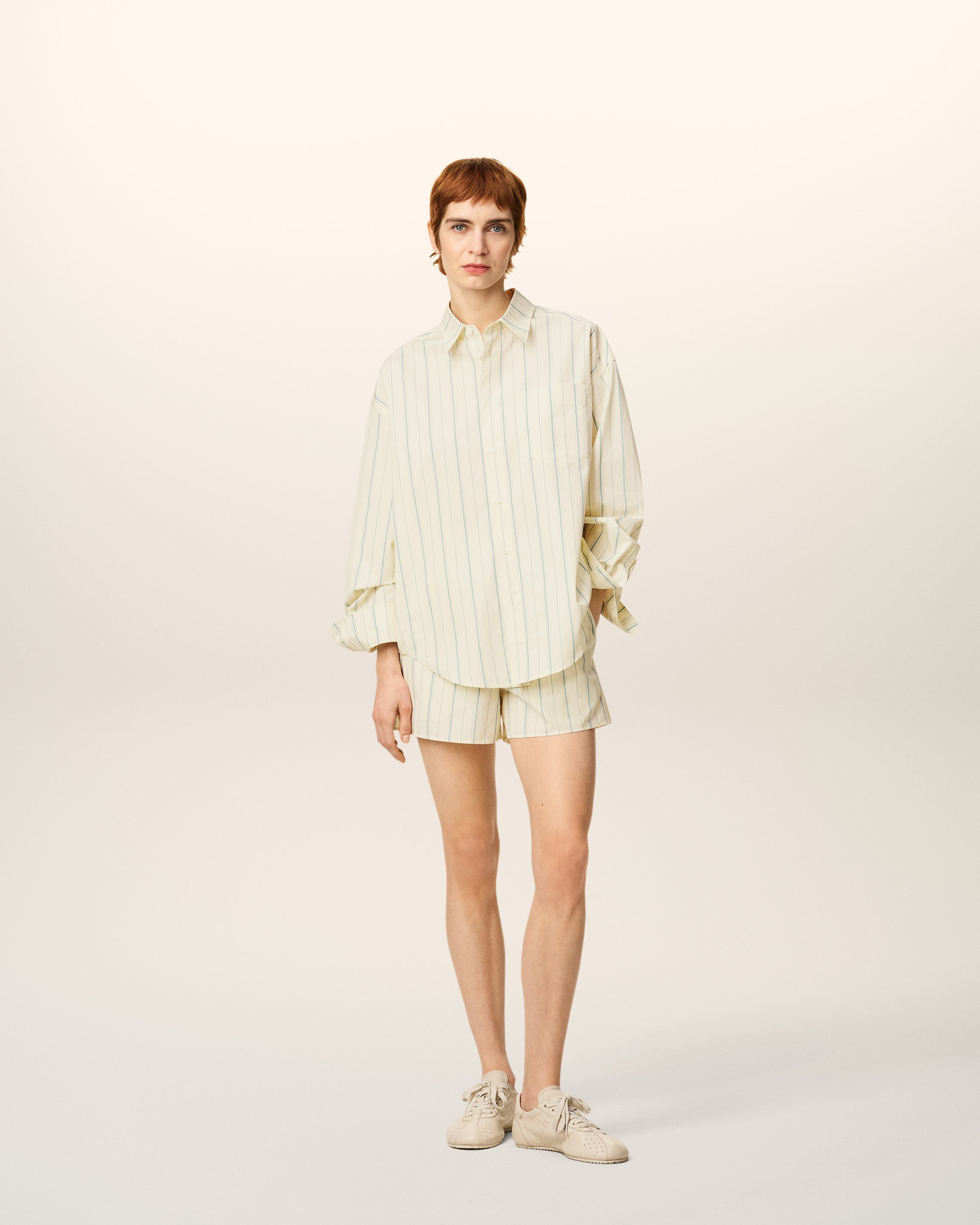 BEIGE COTTON  BOXY FIT STRIPED SHIRT - 7